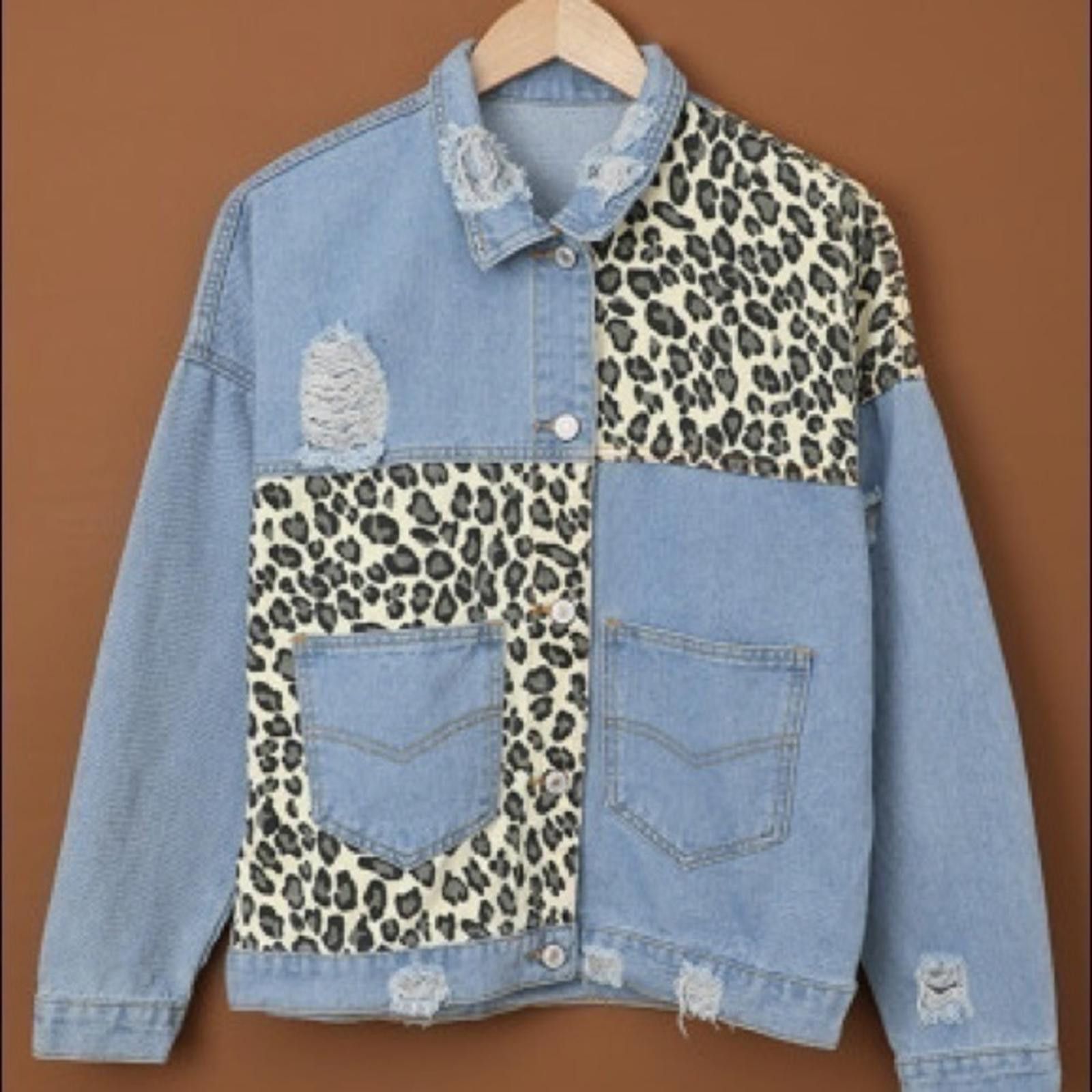 Designer Leopard Denim Jacket Distressed Jean And Cheetah Patch NWT Size S / US 4 / IT 40 - 5 Thumbnail