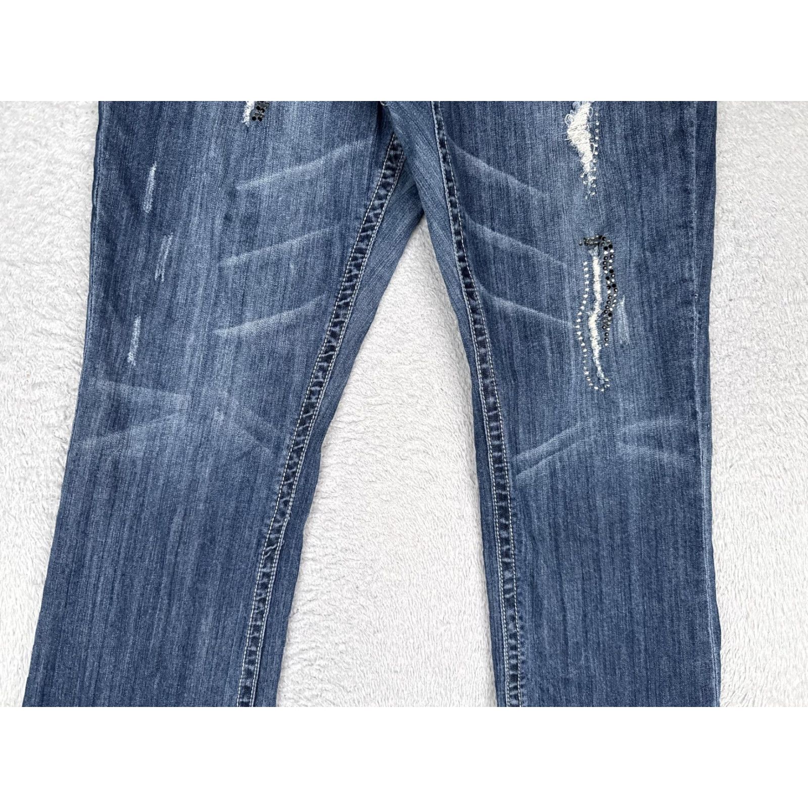 Vintage Seven7 Bootcut Jeans Womens 18 Blue Med Wash Mid Rise Stretch Rhinestone 36x31 Size 40" / US 18 - 3 Thumbnail
