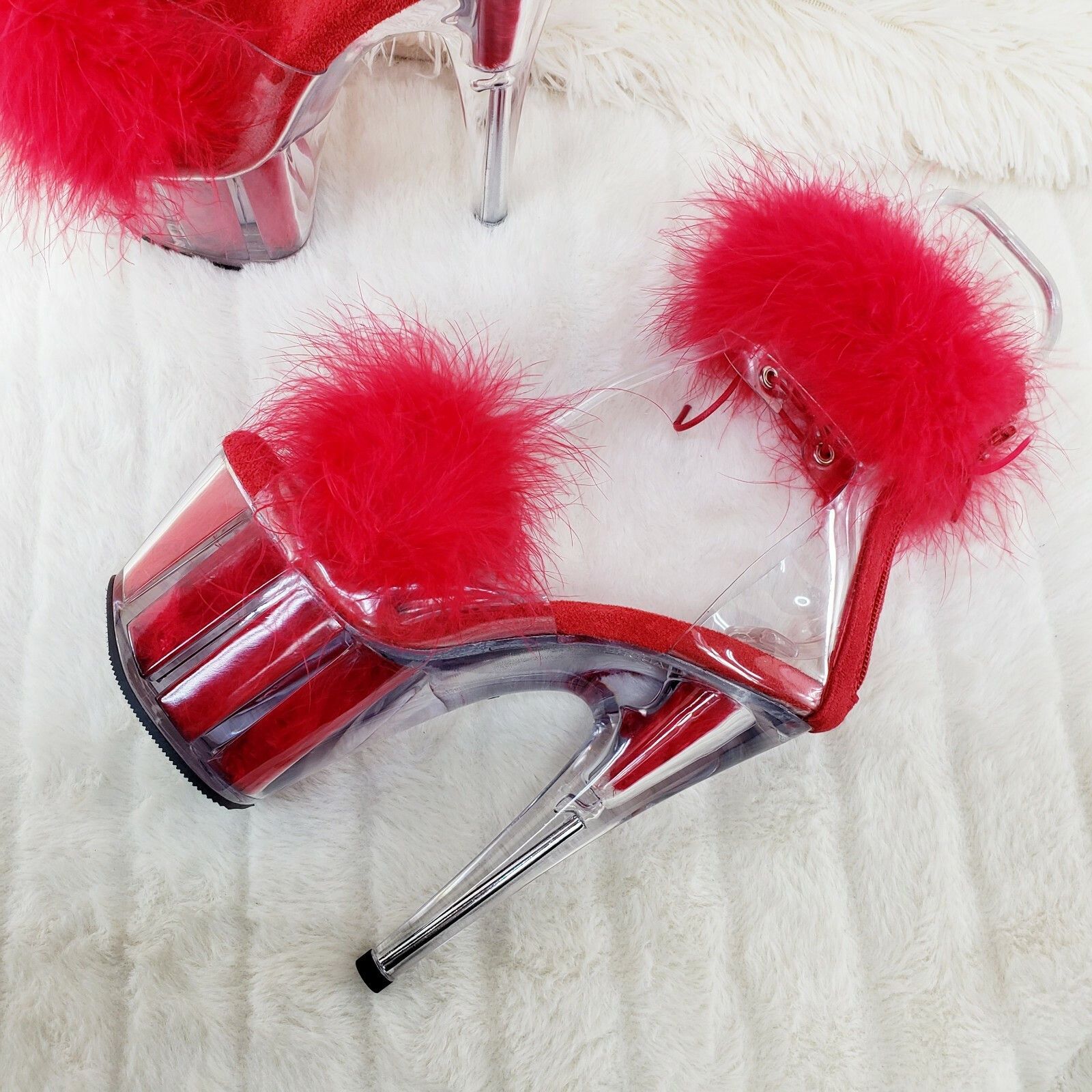 Other Adore 724F Red Marabou Platform Shoes Sandals 7" High Heel S Size US 7 / IT 37 - 2 Thumbnail