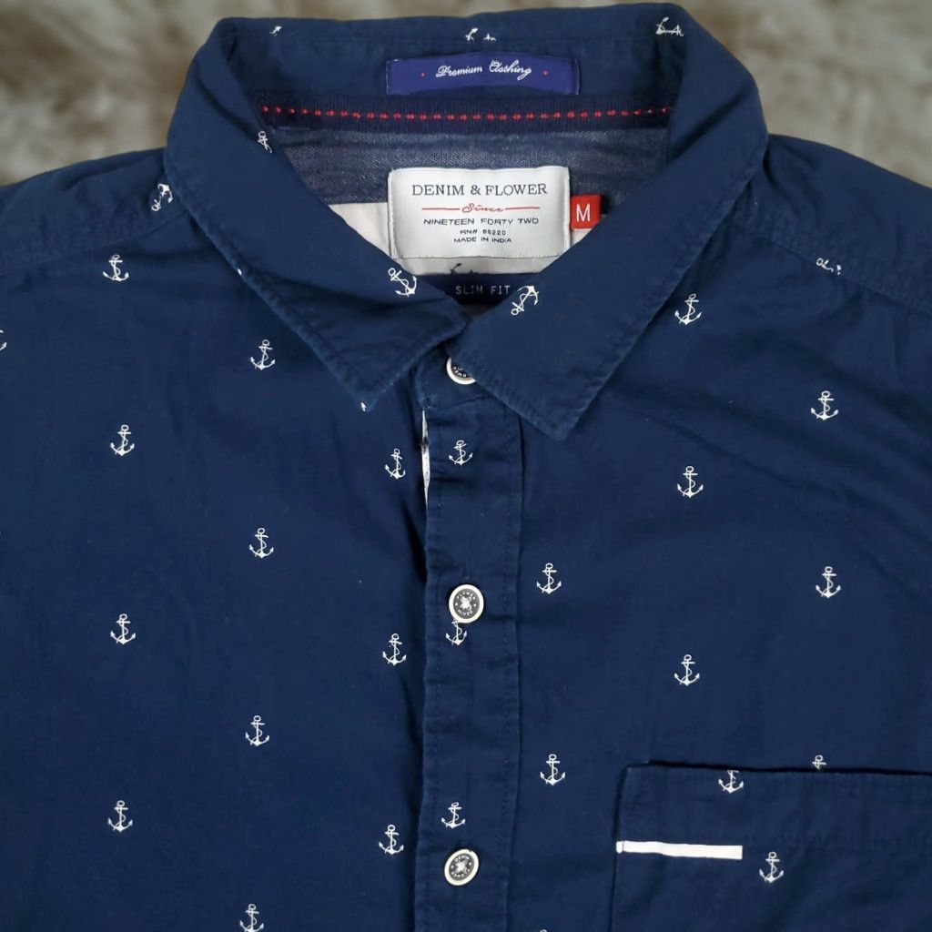 Denime Denim & Flower Slim Fit Blue Anchor Print Button-Up Shirt Medium Mens Casual Size US M / EU 48-50 / 2 - 1 Thumbnail