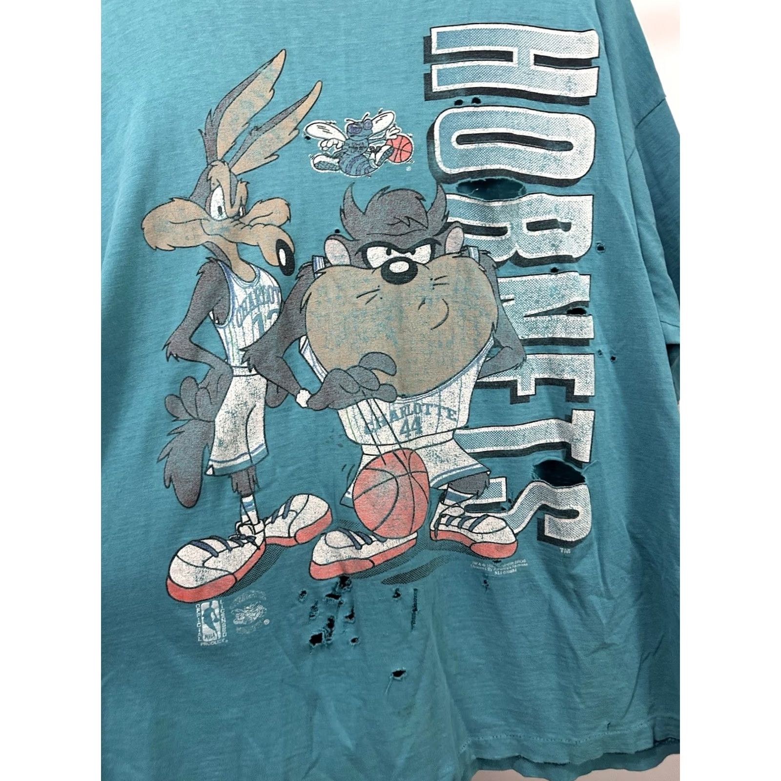NBA VTG 90s Charlotte Hornets Taz Wile Looney Tunes NBA Distressed Worn Thrashed T-Shirt 2XL Teal Mens Size US XXL / EU 58 / 5 - 5 Thumbnail