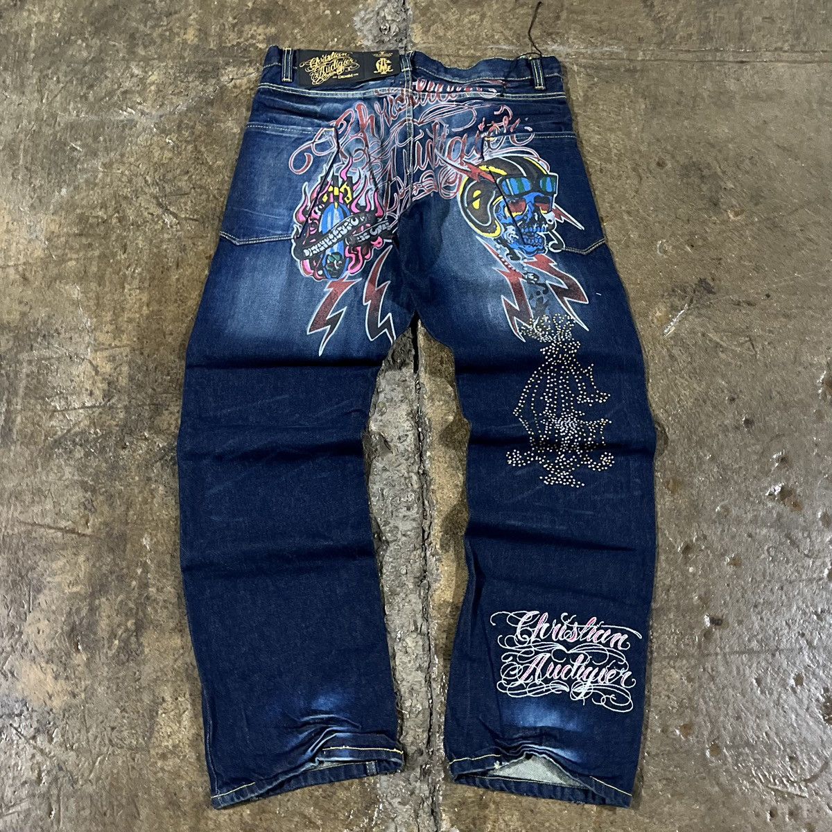 image of Crazy Vintage Y2K Christian Audigier Skull Skater Jeans in Blue, Men's (Size 36)