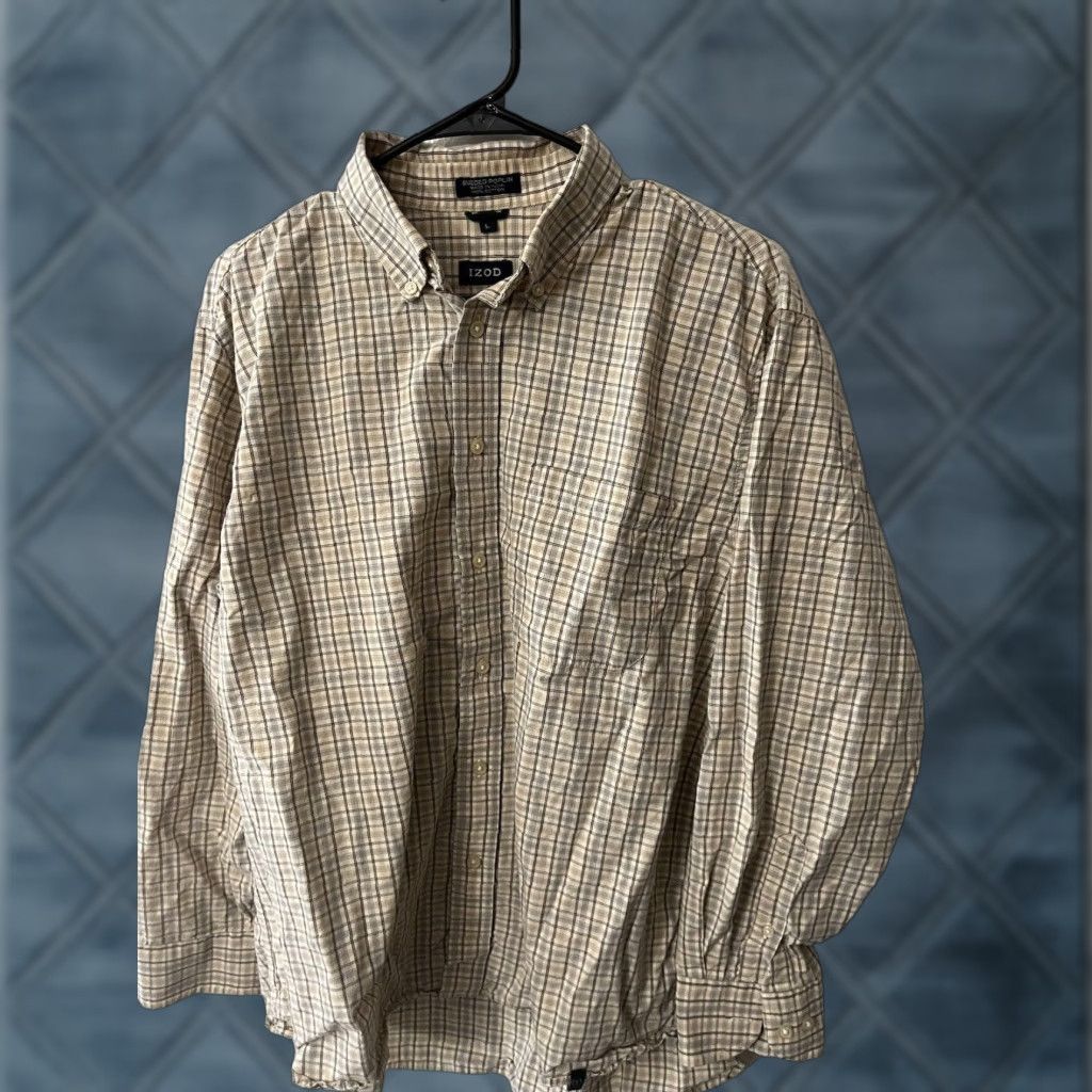 Izod VINTAGE IZOD Button-Down Shirt Mens Large Beige Sueded Poplin Plaid Long Sleeve Size US L / EU 52-54 / 3 - 1 Thumbnail