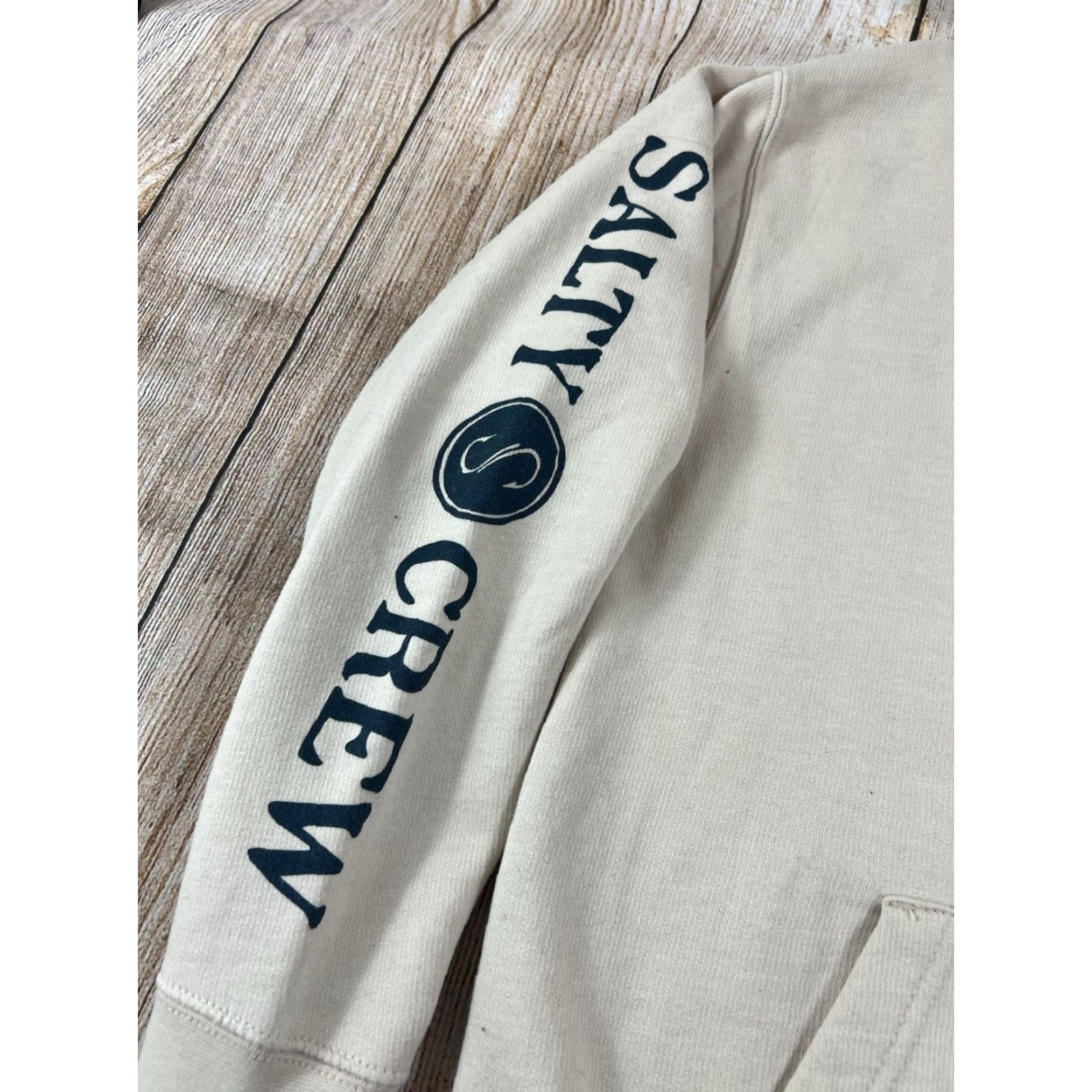 Vintage Salty Crew Hoodie Small Tan Beige Pullover Fleece Hooded Graphic Print Pockets Logo Mens Size US S / EU 44-46 / 1 - 3 Thumbnail