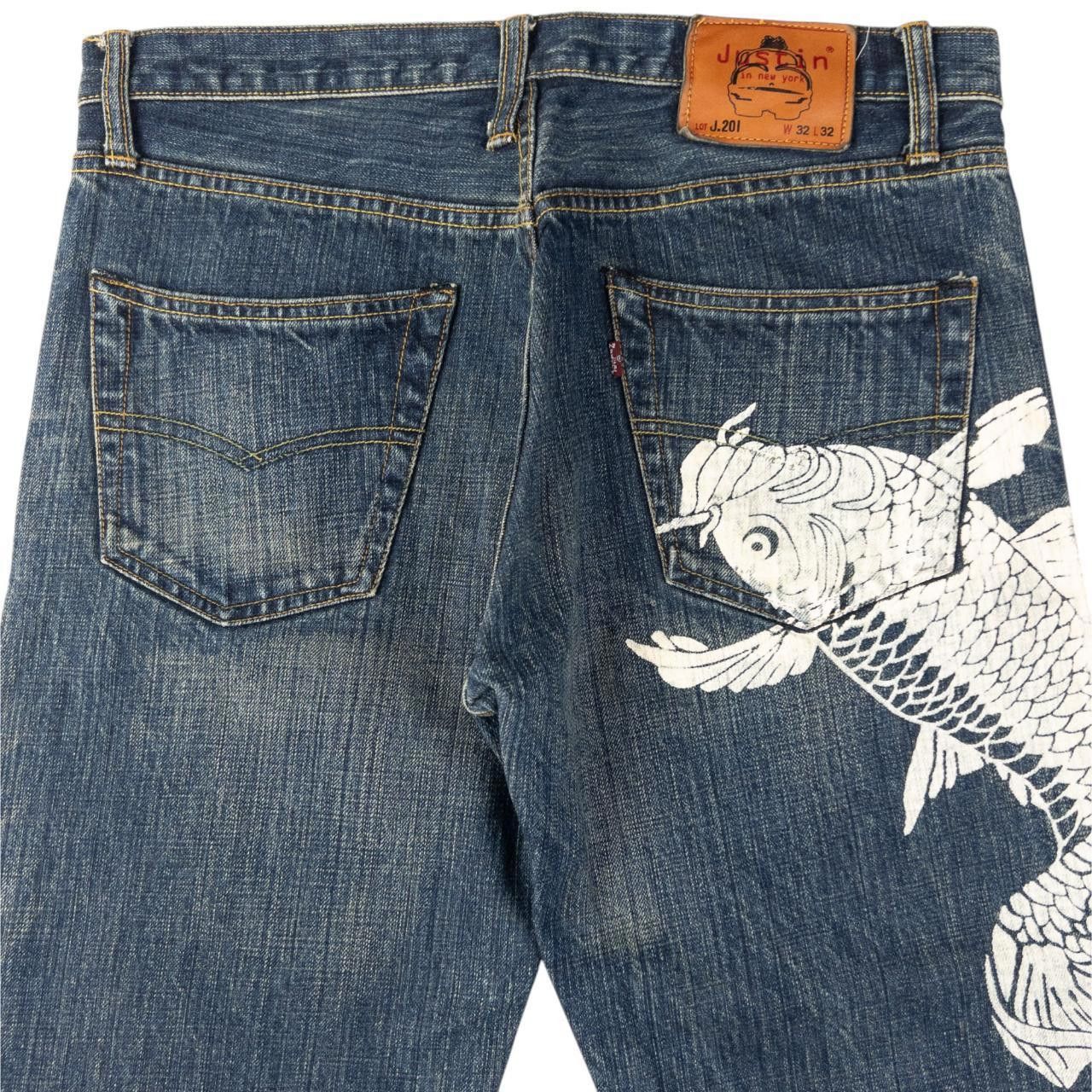 Designer Vintage Koi Fish Denim Jeans Size W33 Size US 33 - 1 Thumbnail