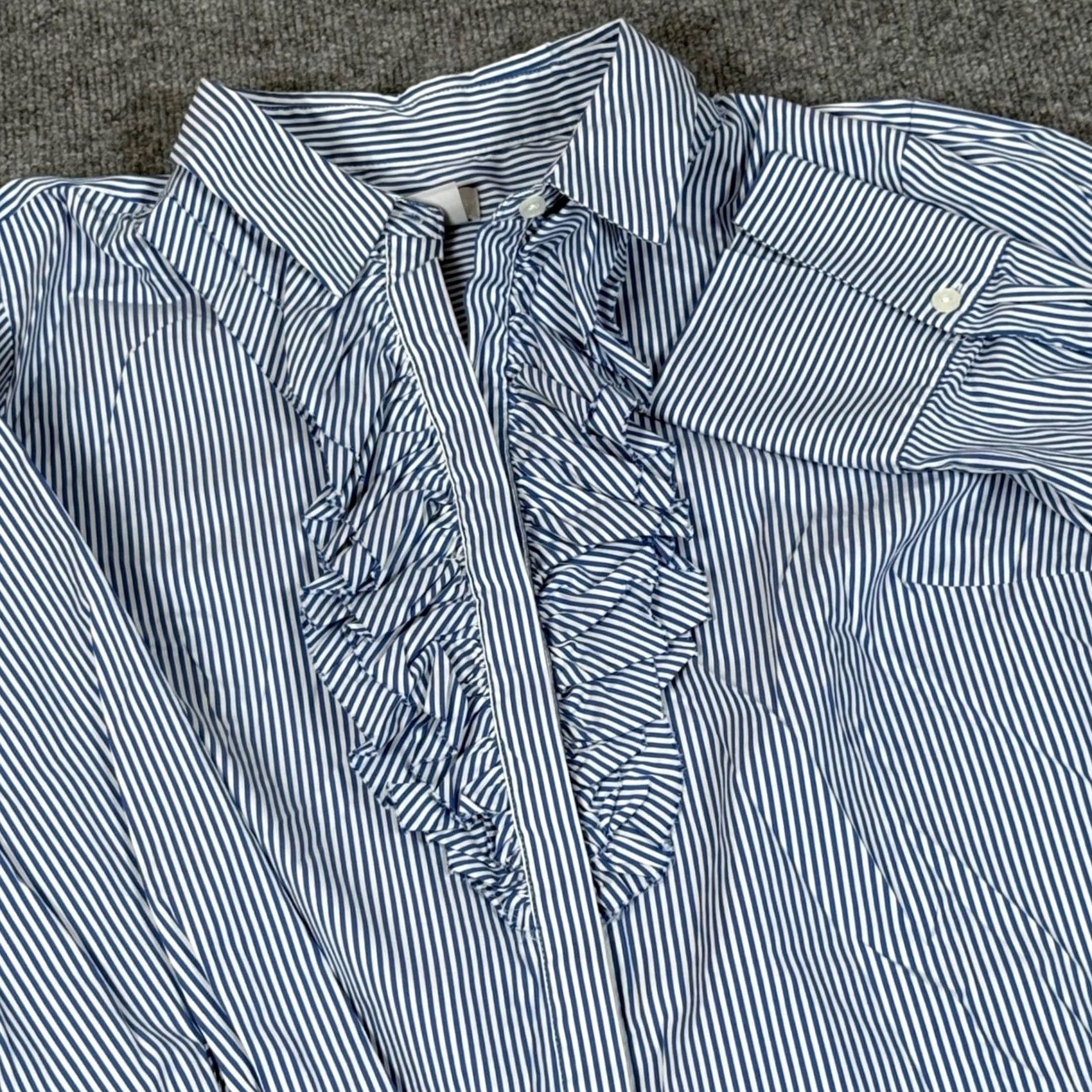 Vintage Chicos Tunic Button-Up Shirt Womens Blue Striped Ruffle Front Classic Office 16/18 XL XS? Size XS / US 0-2 / IT 36-38 - 2 Thumbnail