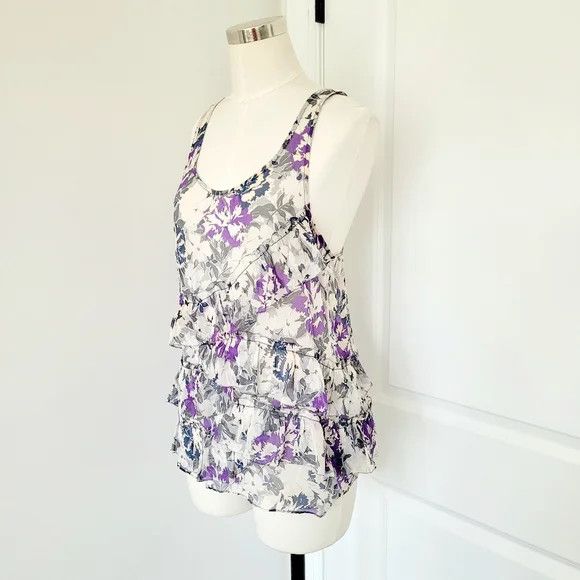 Anthropologie Eliot Sheer Silk Floral Ruffle Racerback Tank Gift Spring Size S / US 4 / IT 40 - 3 Thumbnail