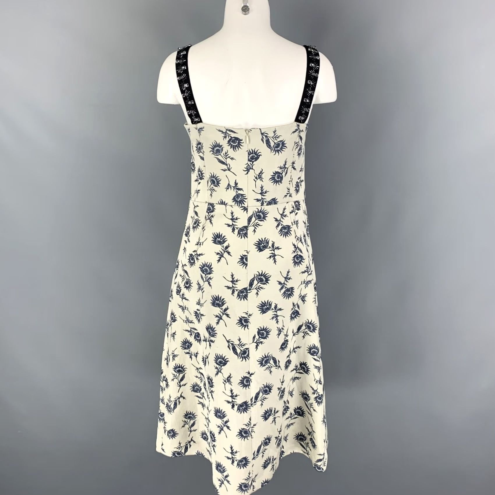 Tory Burch TORY BURCH Dress Grey Blue Floral A-Line Mid-Calf Linen Polyester Jacquard 8 Women Size M / US 6-8 / IT 42-44 - 4 Thumbnail