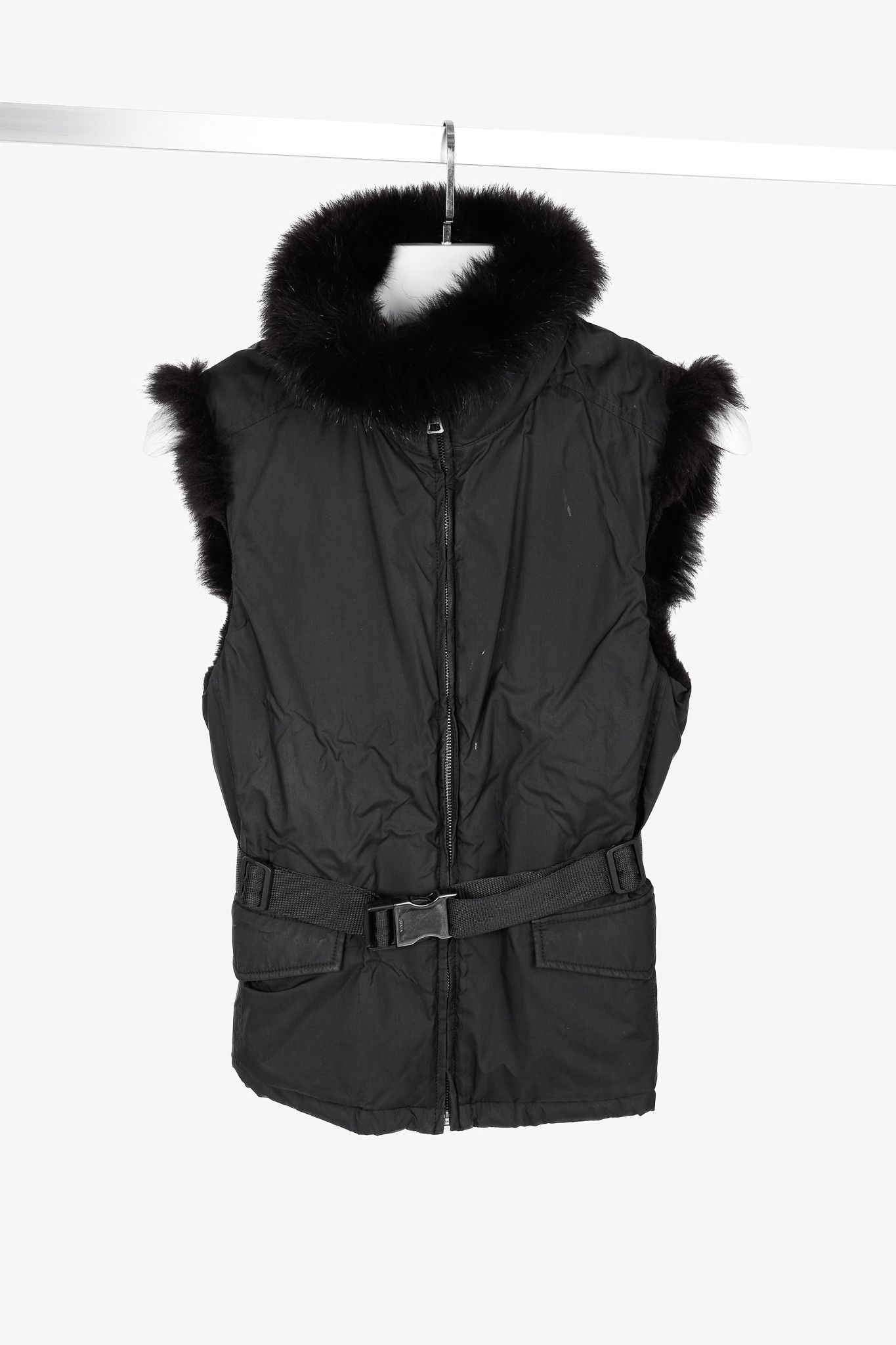Prada Prada Black Nylon Belted Fox-Fur-Trim Vest Size S / US 4 / IT 40 - 1 Thumbnail