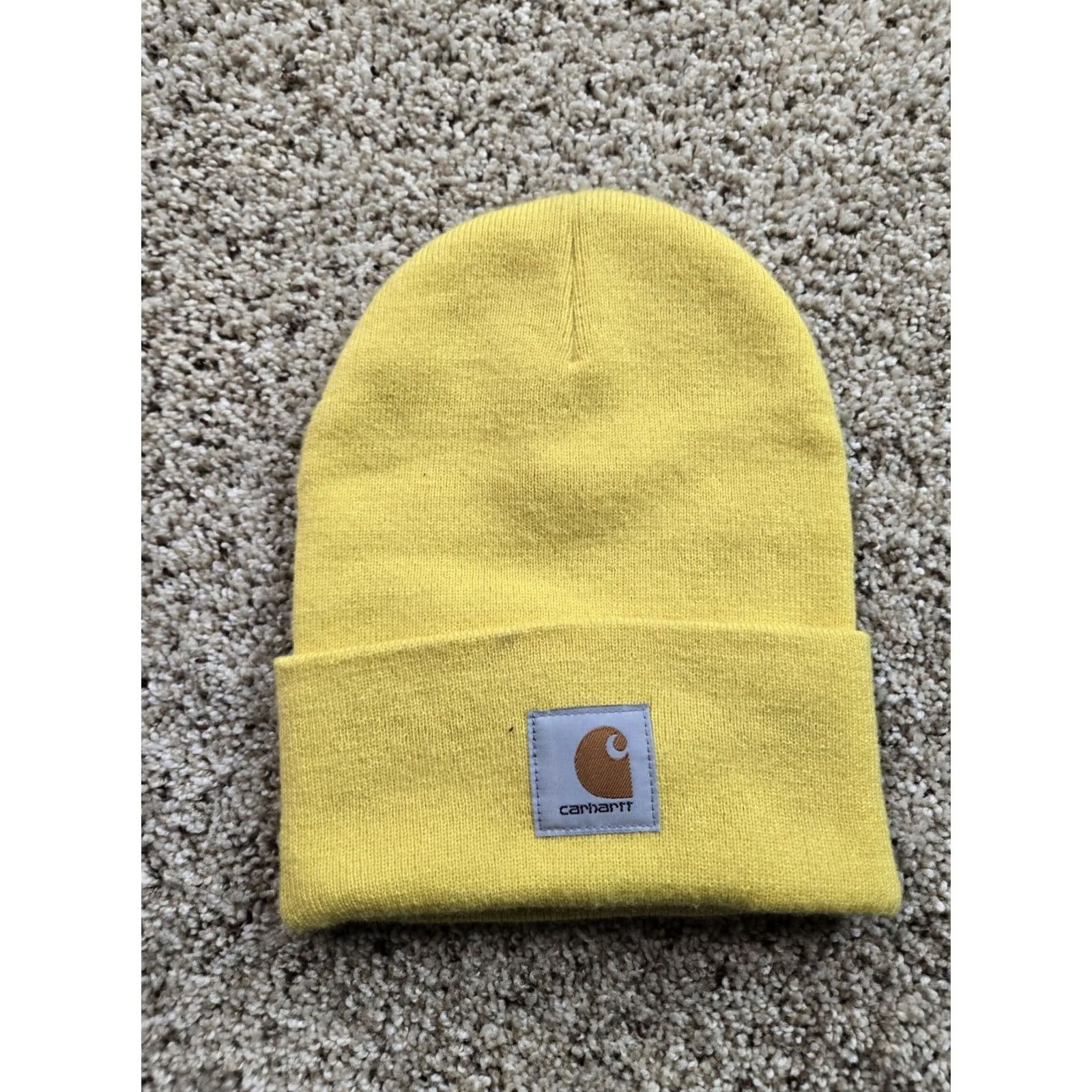 Carhartt Carhartt Beanie Hat Yellow Knit Ribbed Stretch Cuffed One Size Mens OSFA Winter Knit Acrylic Yellow Beanie Carhartt Size ONE SIZE - 2 Thumbnail