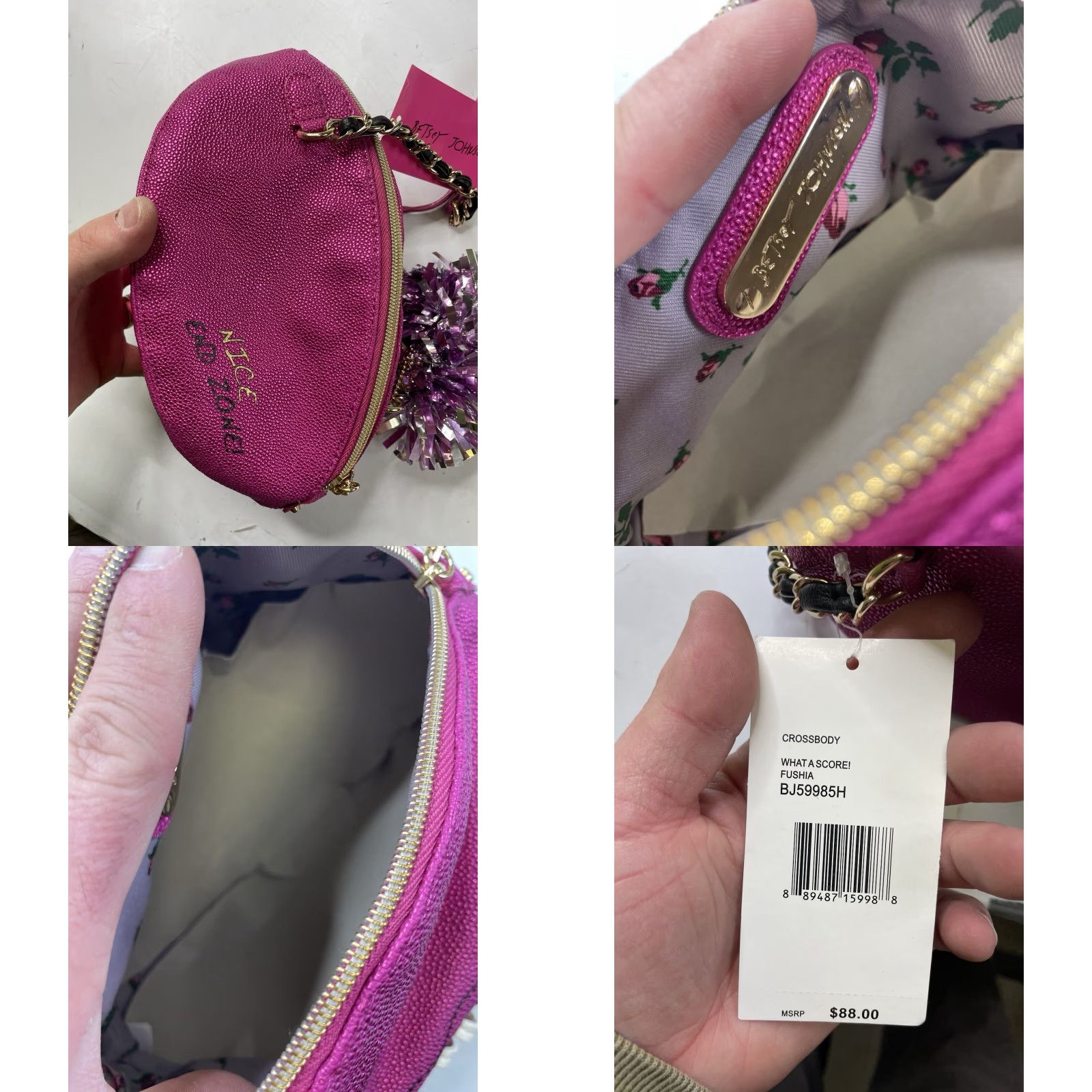 Betsey Johnson Betsey Johnson What a score! Crossbody Football Pink Pom Pom Purse bag Women Pink Faux Leather Crossbody Bag Size ONE SIZE - 8 Thumbnail