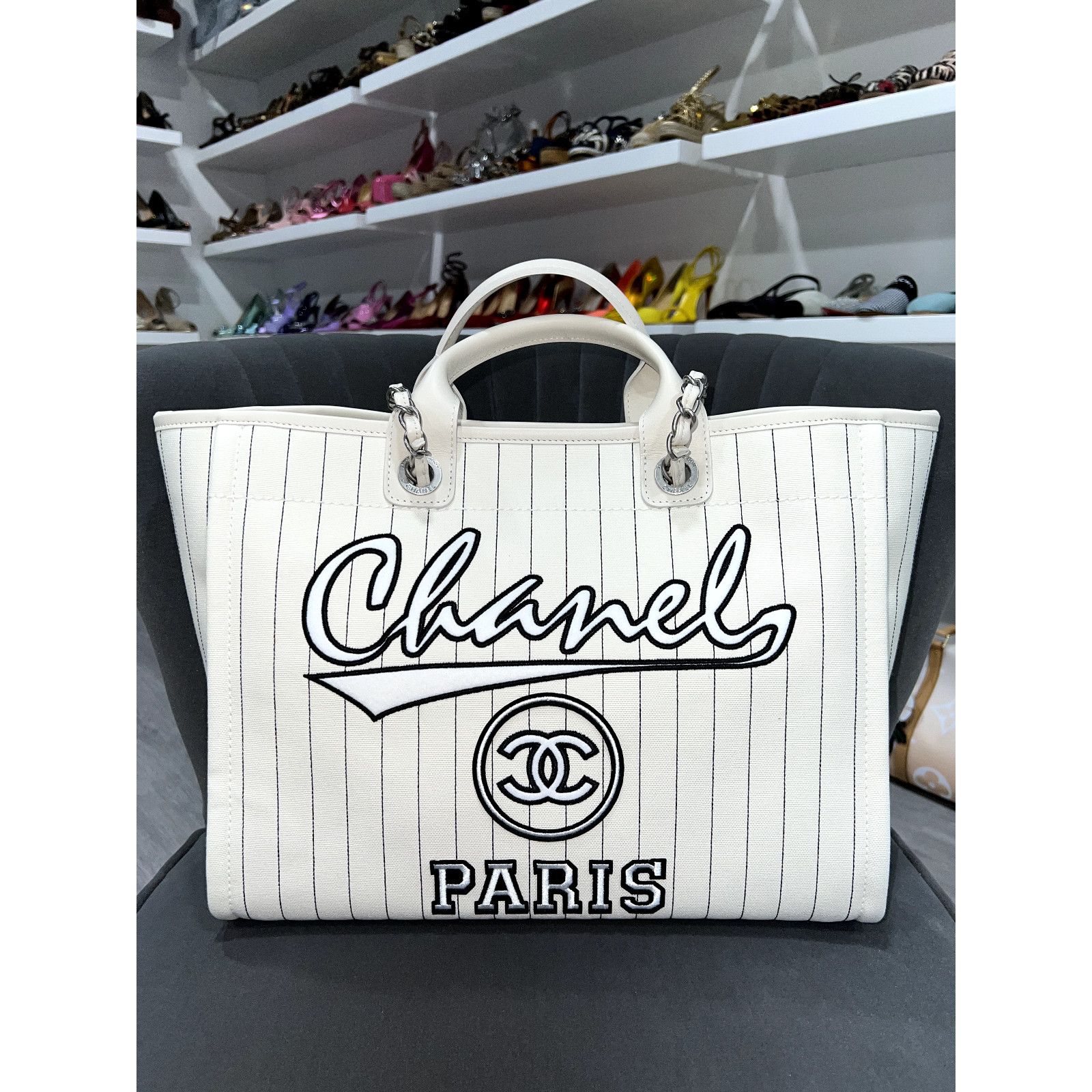 Chanel Chanel Deauville Ecru Stripe Large Shopping 30cm Tote Bag Size ONE SIZE - 2 Thumbnail