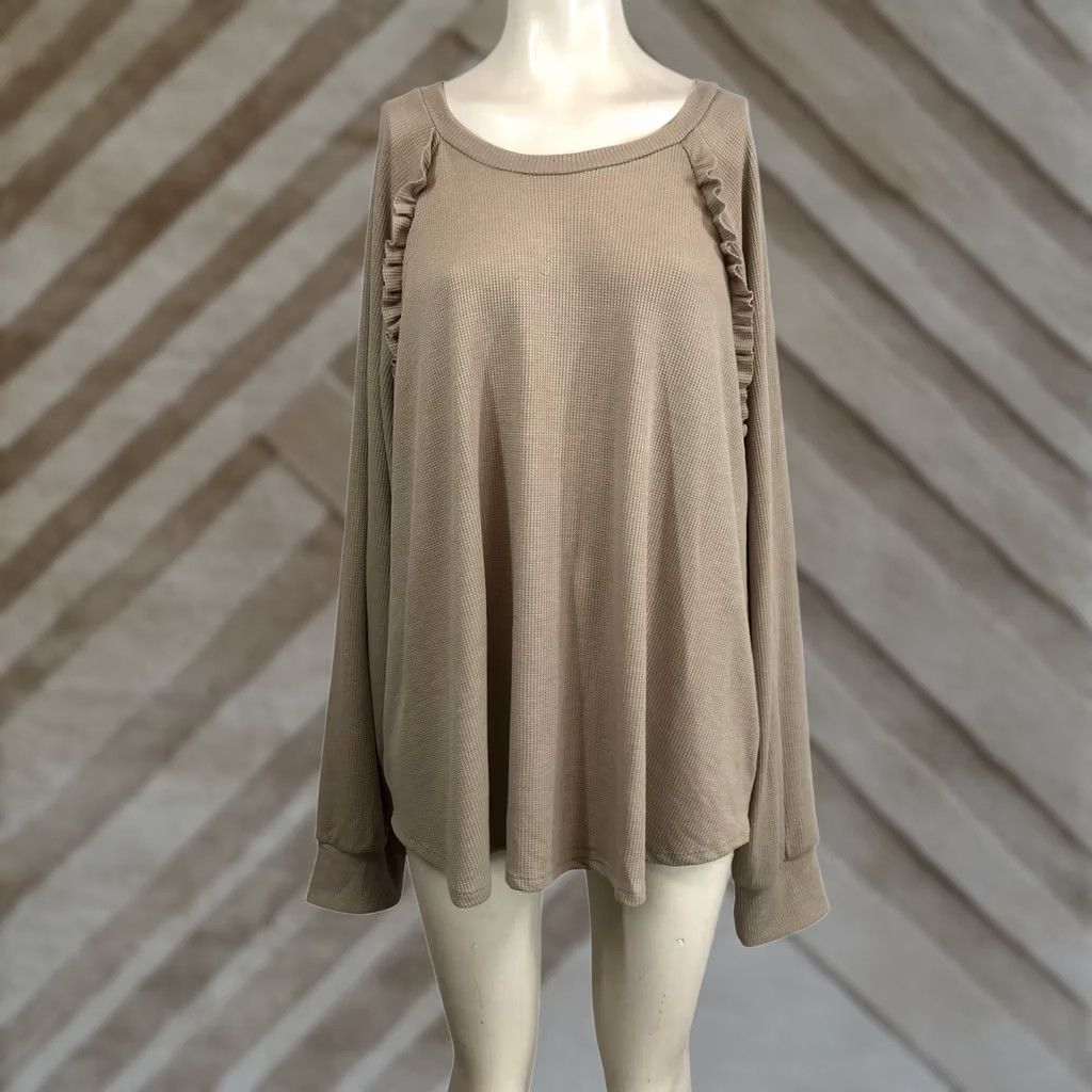 Vintage LIKE LOVE Tan Waffle Knit Ruffle Sleeve Long Sleeve Top Women's 2X Size XXL / US 16-18 / IT 52-54 - 1 Thumbnail