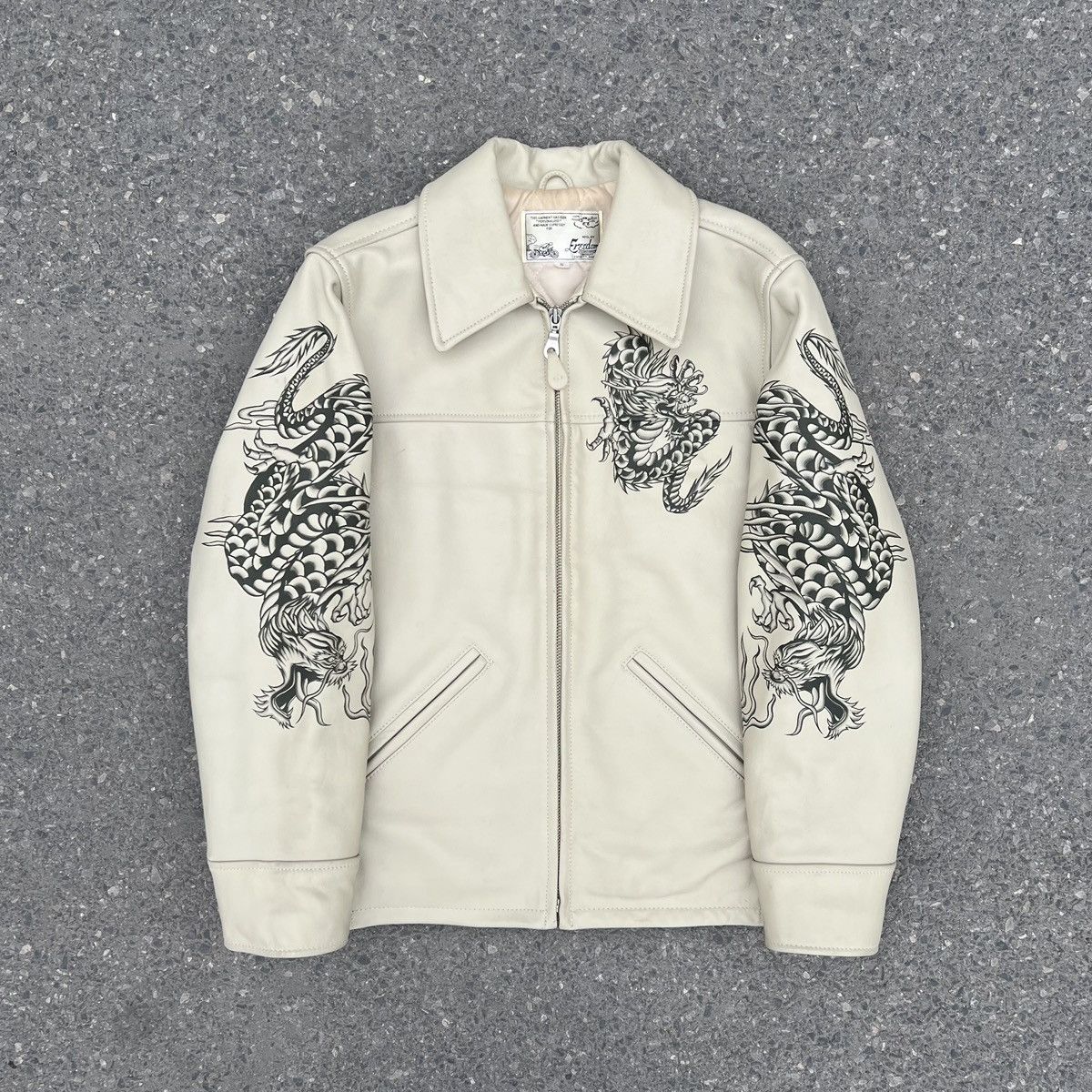 image of Freedom Dragon Tattoo Leather Jacket in Beige, Men's (Size Medium)