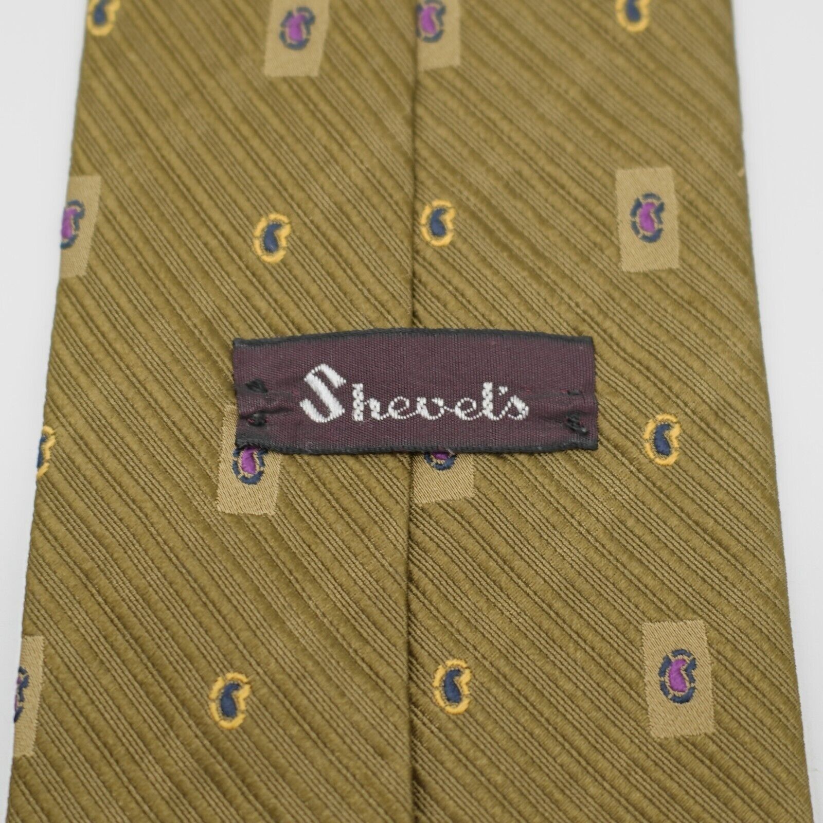 Vintage Shevel's Striped Paisley Green Beige Woven Wide Silk Tie USA Size ONE SIZE - 3 Thumbnail