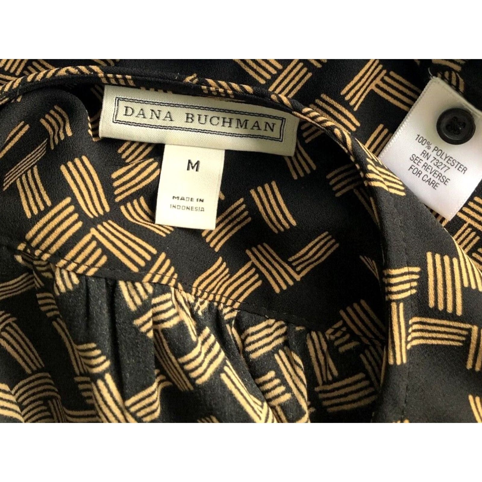 Vintage Dana Buchman Top Blouse M Blk/Gold Button V-Neck 3/4 Sleeve Geometric Career Womens Size M / US 6-8 / IT 42-44 - 5 Thumbnail