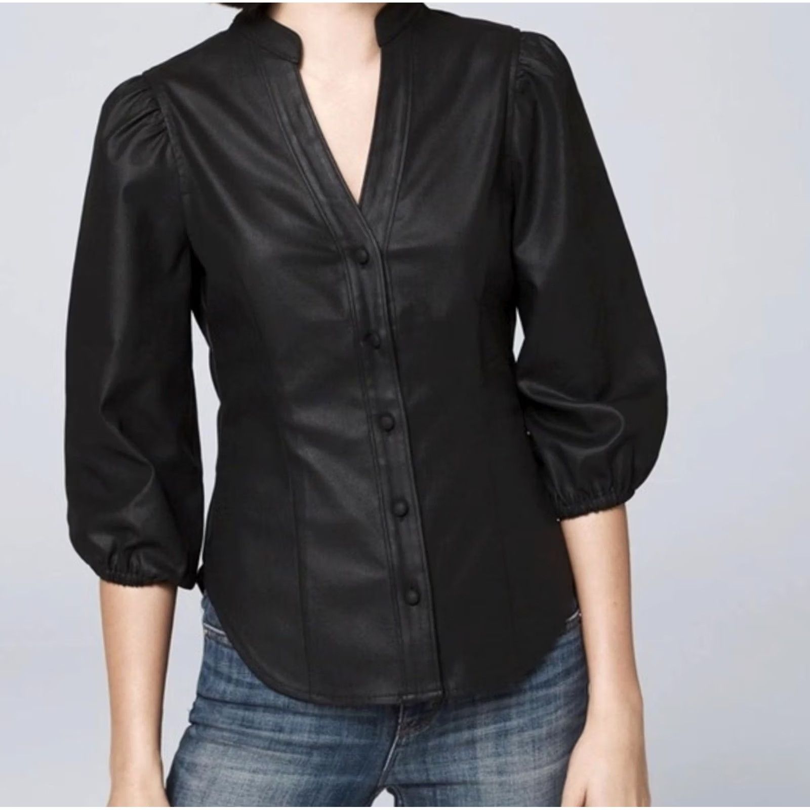 White House Black Market VINTAGE? No. White House Black Market Blouse Womens 10 Black Puff Sleeve V-Neck Button Front Knit Faux Leather Look Shirt Size L / US 10 / IT 46 - 2 Thumbnail