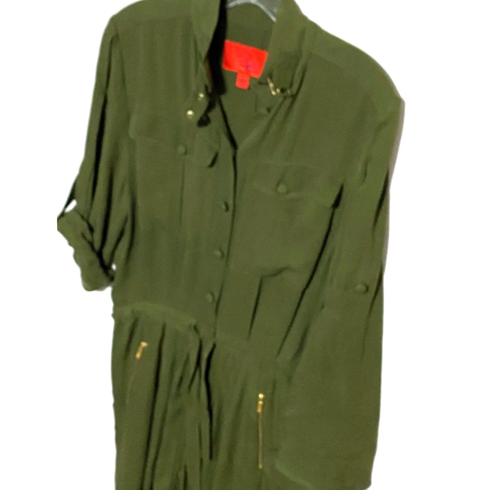 Zac Posen Z Spoke by Zac Posen Green Silk Button Utility Shirt Dress 0 Roll Tab Sleeve Knee Length Gold Zip Slim Casual Workwear Travel Women 0 XS? Size XS / US 0-2 / IT 36-38 - 2 Thumbnail