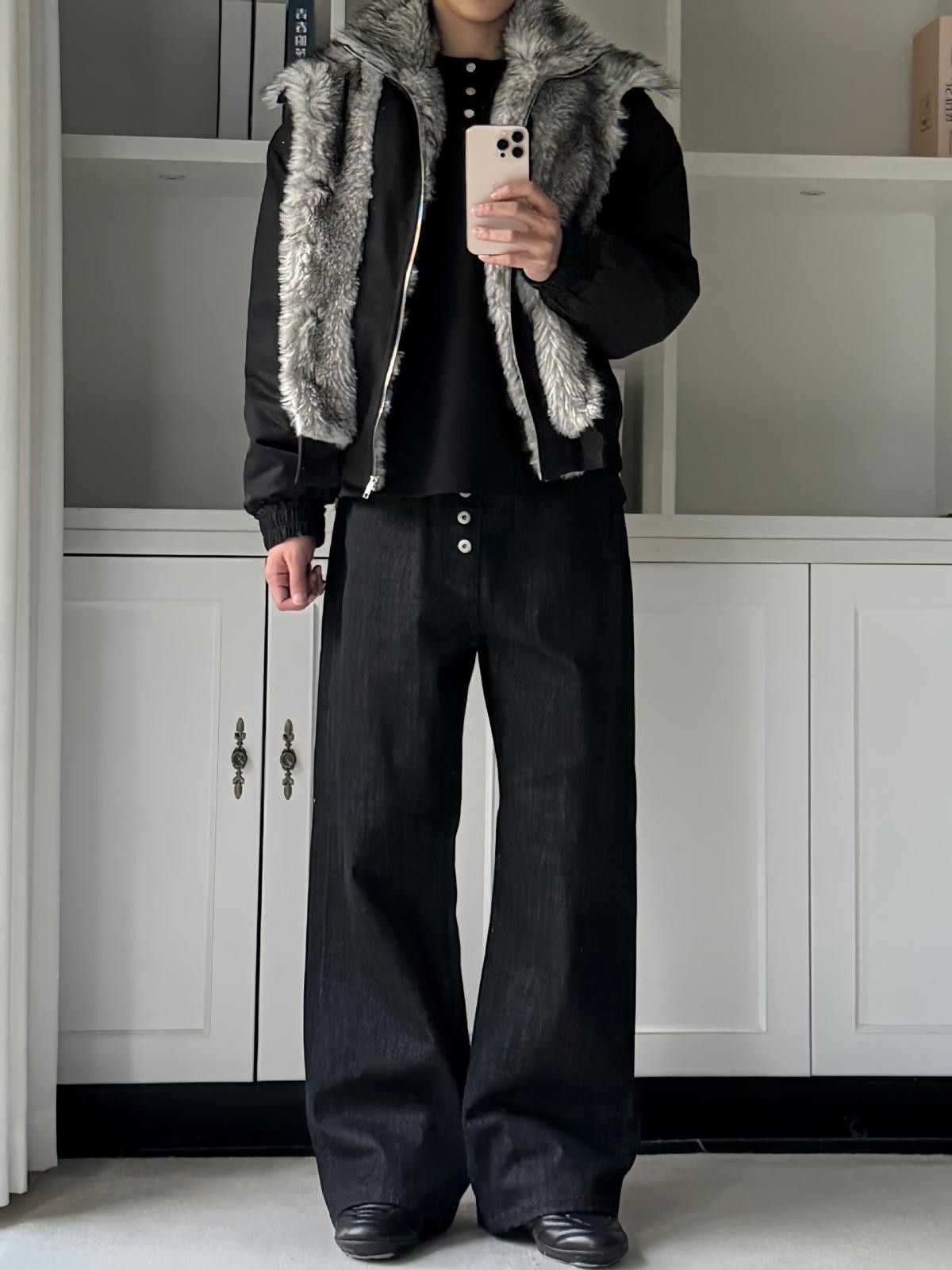 Vintage Black Faux Fur Collar Bomber Jacket, Winter Outerwear Size US M / EU 48-50 / 2 - 3 Thumbnail