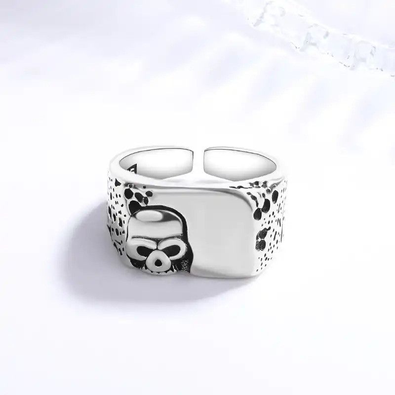 Jewelry 925 Sterling Silver Unique Skull Lines Ring Size ONE SIZE - 1 Thumbnail