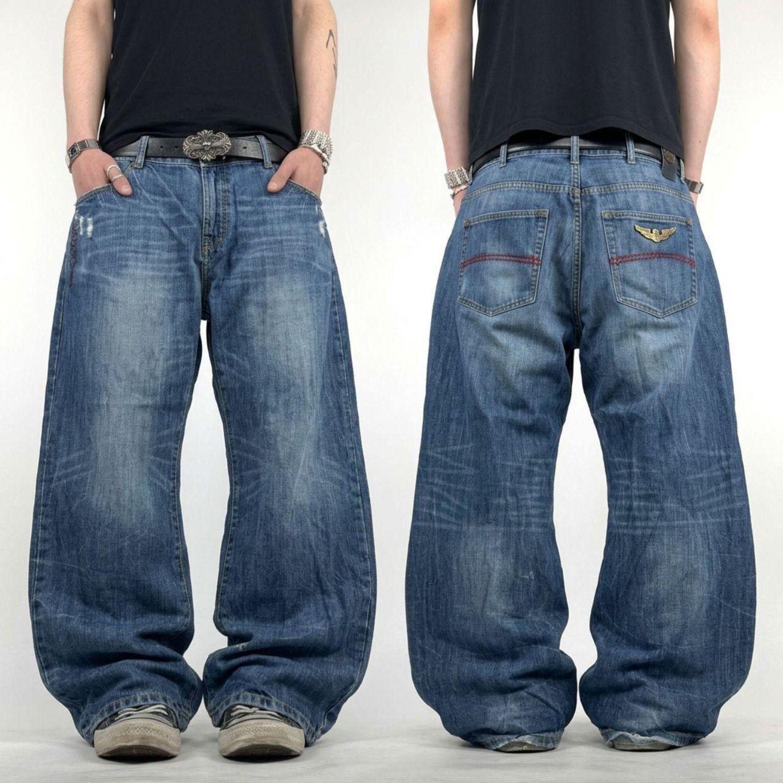Vintage y2k embroidered dark wash grunge baggy skater jeans
