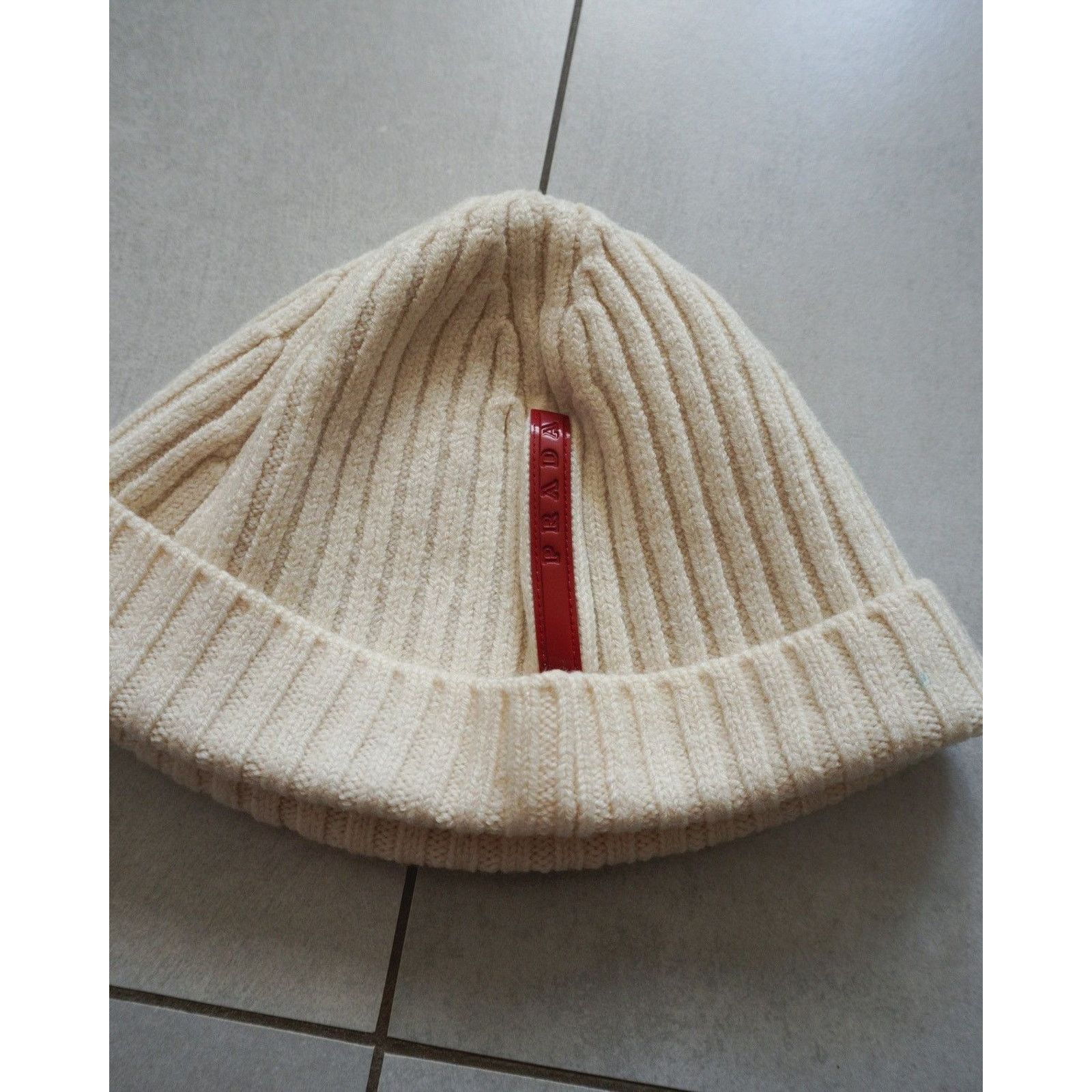 Prada Prada linea rossa red tab beige wool beanie hat Size ONE SIZE - 8 Thumbnail