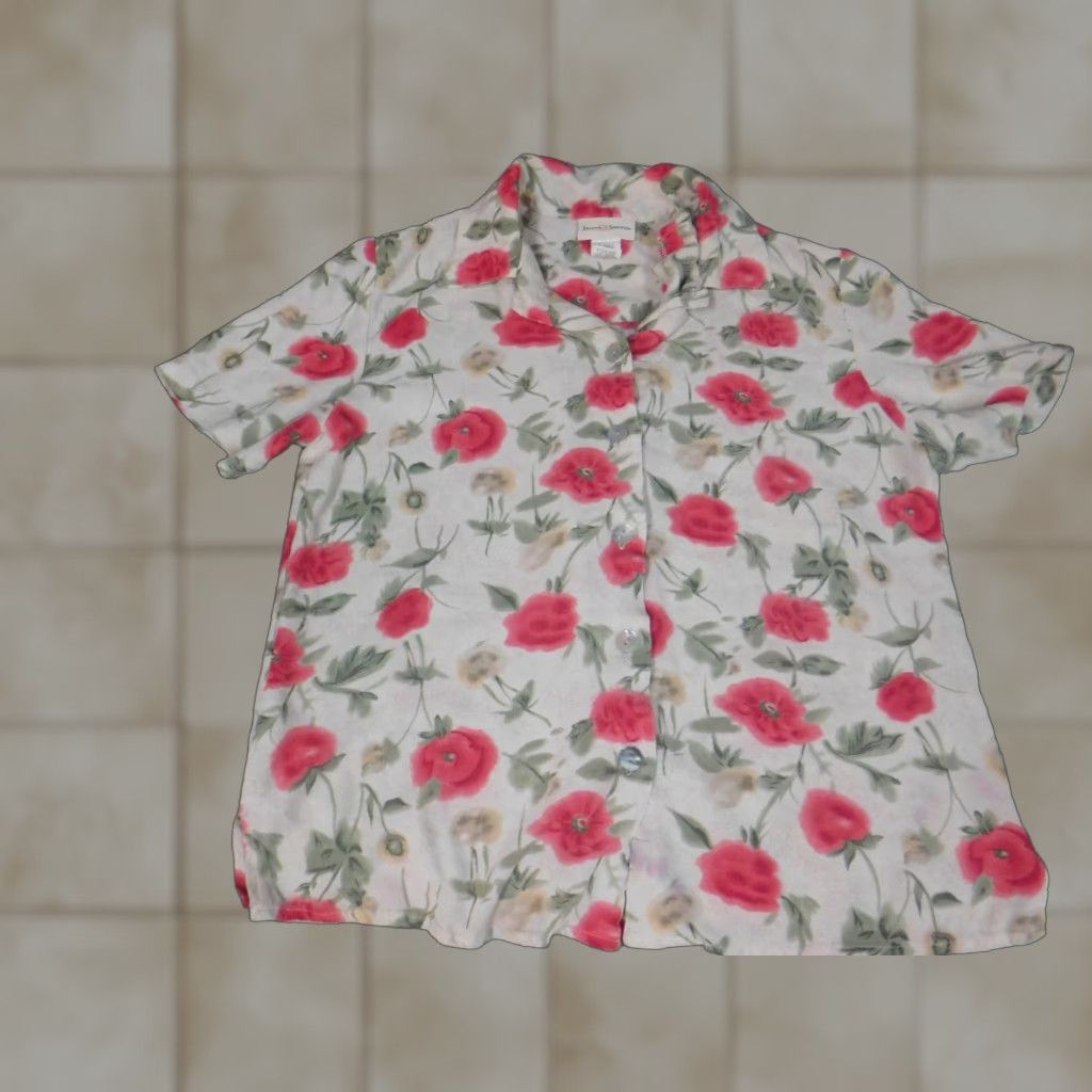 Vintage Jaclyn Smith Womens Button-Up Shirt Short Sleeve Beige Floral Small S Regular Crew Neck Pullover Casual Polyester Rayon Button Size S / US 4 / IT 40 - 1 Thumbnail