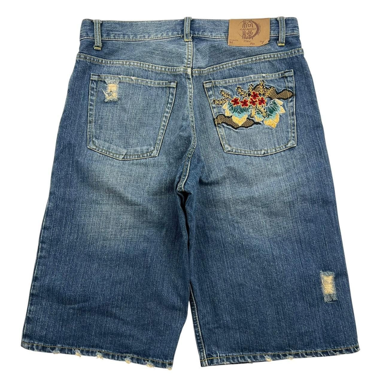Karakuri Tamashii Karakuri Tamashii Embroidered Oni Mask Denim Shorts Waist 33 Size US 33 - 2 Thumbnail