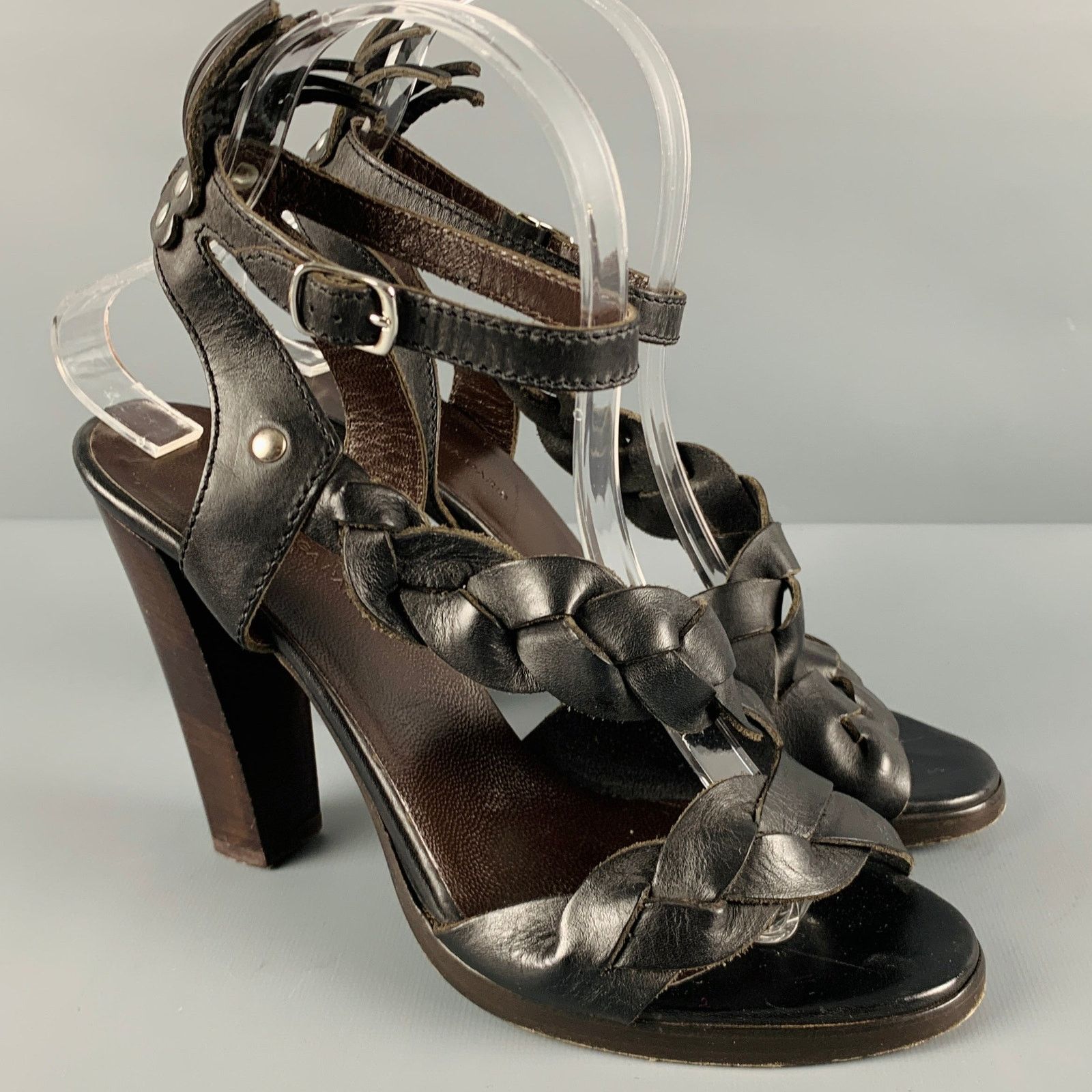 Balenciaga Size 8 Black Brown Leather Braided Chunky Heel Sandals Size US 8 / IT 38 - 1 Thumbnail