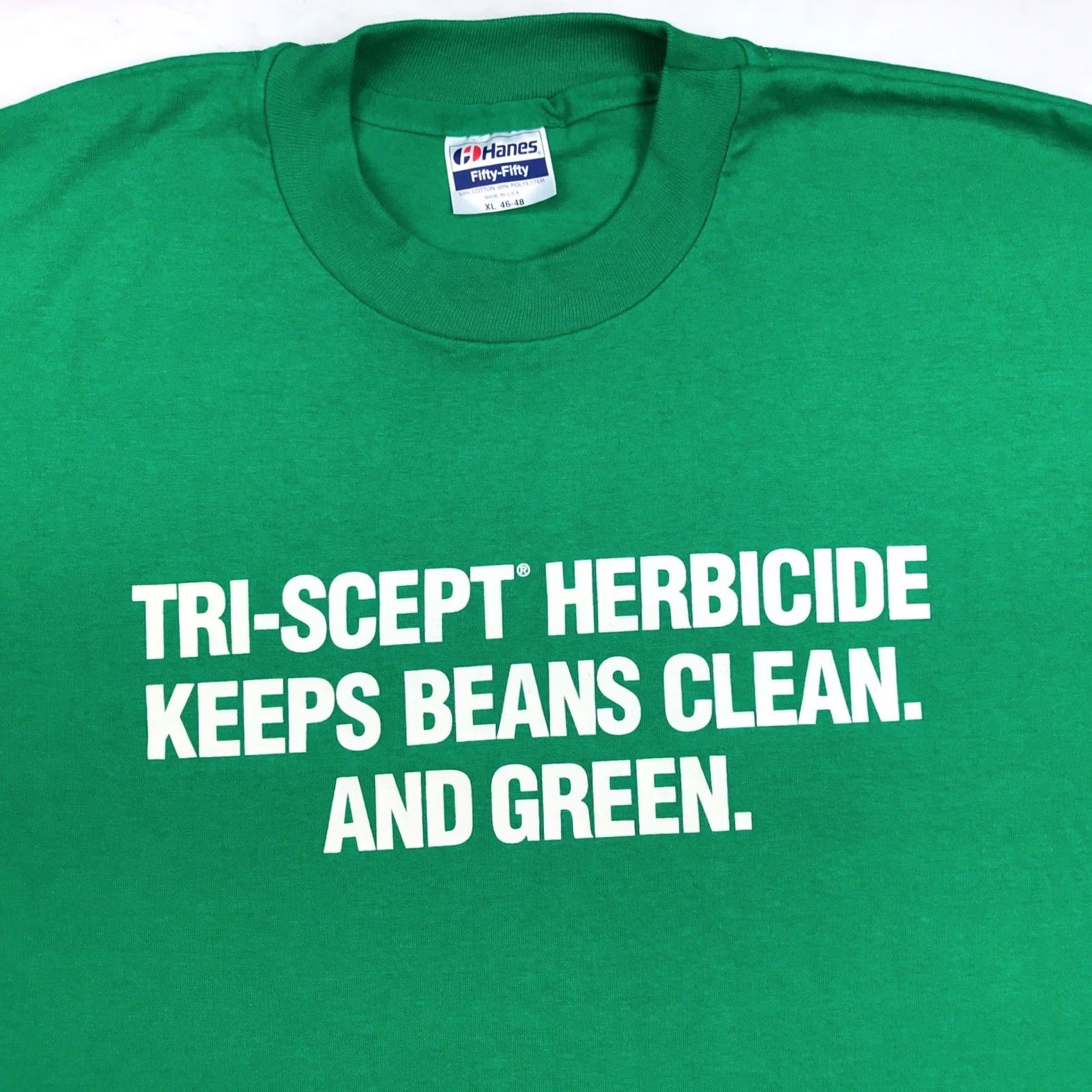 Hanes VINTAGE Hanes T-Shirt Men XL Green 80s 90s TRI-SCEPT HERBICIDE KEEPS BEAN CLEAN & GREEN Short Sleeve Cotton Blend Single Stitch Size US XL / EU 56 / 4 - 5 Thumbnail