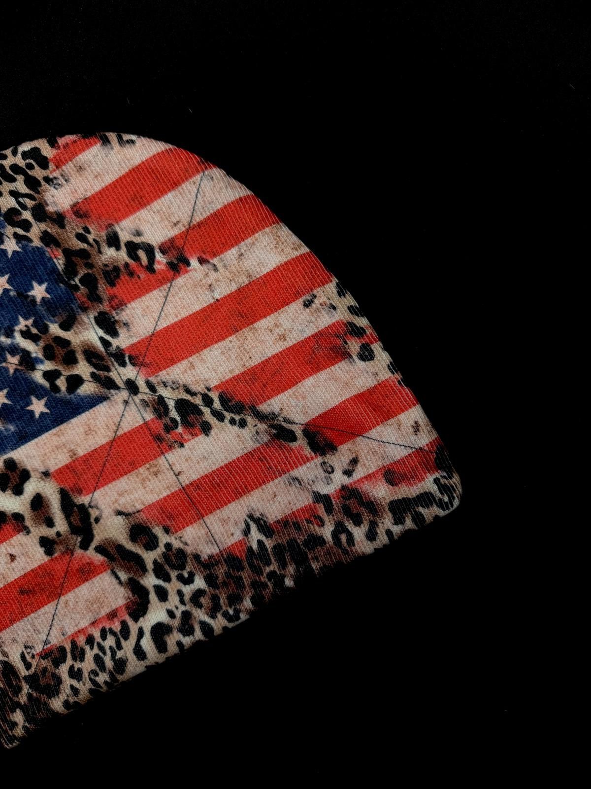 Japanese Brand Y2K Sick Cheetah Print USA Flag No Cuff Knit Beanie Hat OS Size ONE SIZE - 3 Thumbnail