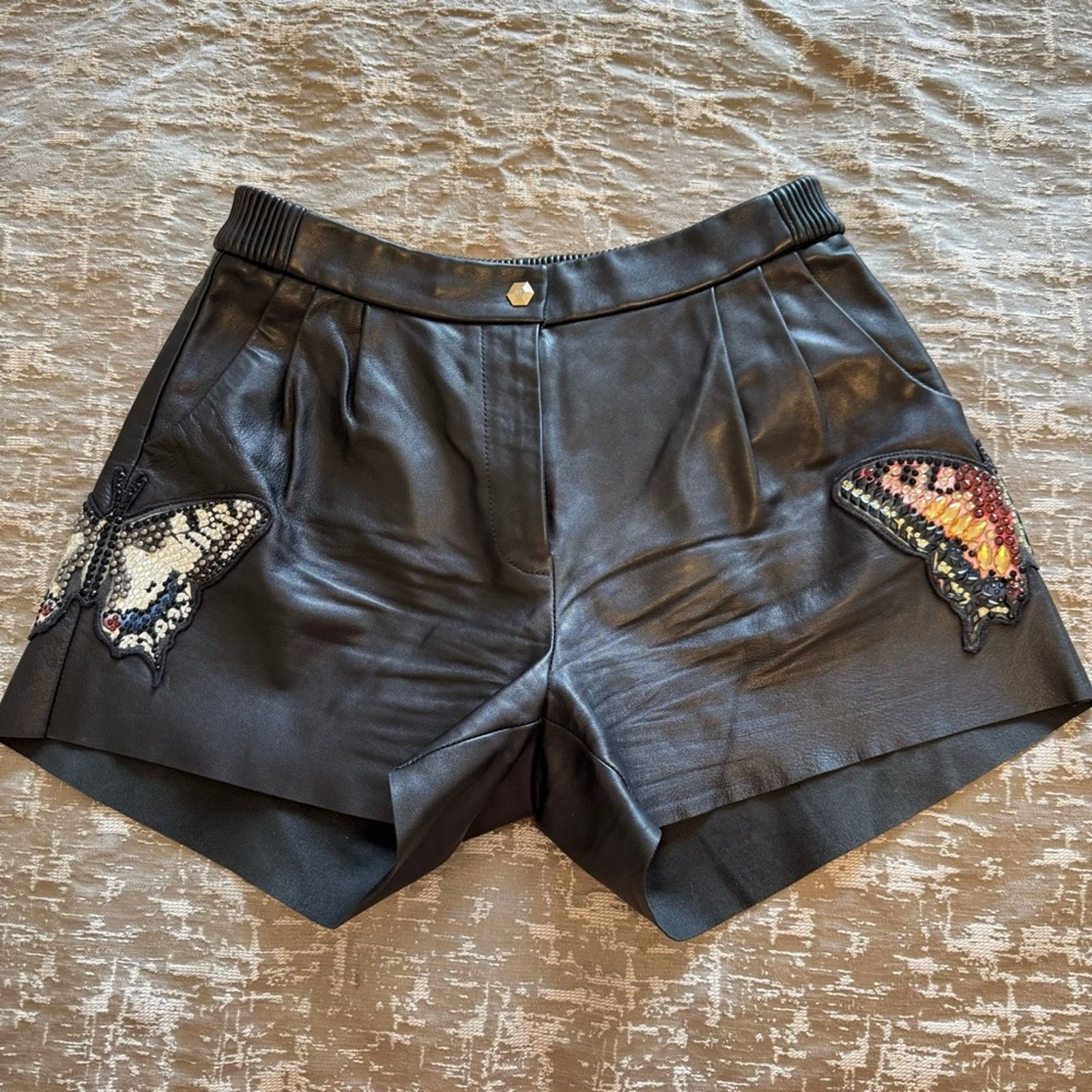 Philipp Plein PHILIP PLEIN Black Leather Shorts with Butterfly, Size S Size 26" / US 2 / IT 38 - 1 Thumbnail