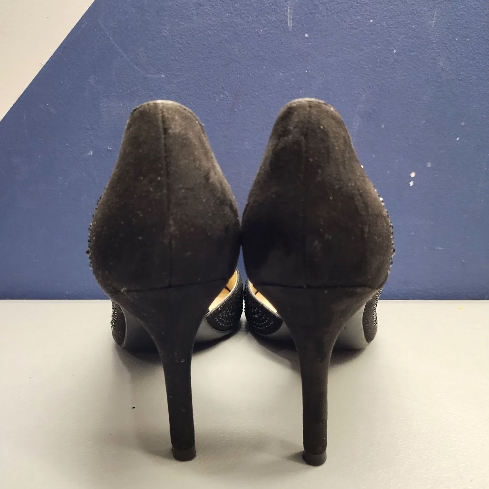 Vintage Unisa Juju Stiletto Pump Heels Womens US Size 8M Black Studded Peep Toe Slip On Size US 8 / IT 38 - 6 Thumbnail