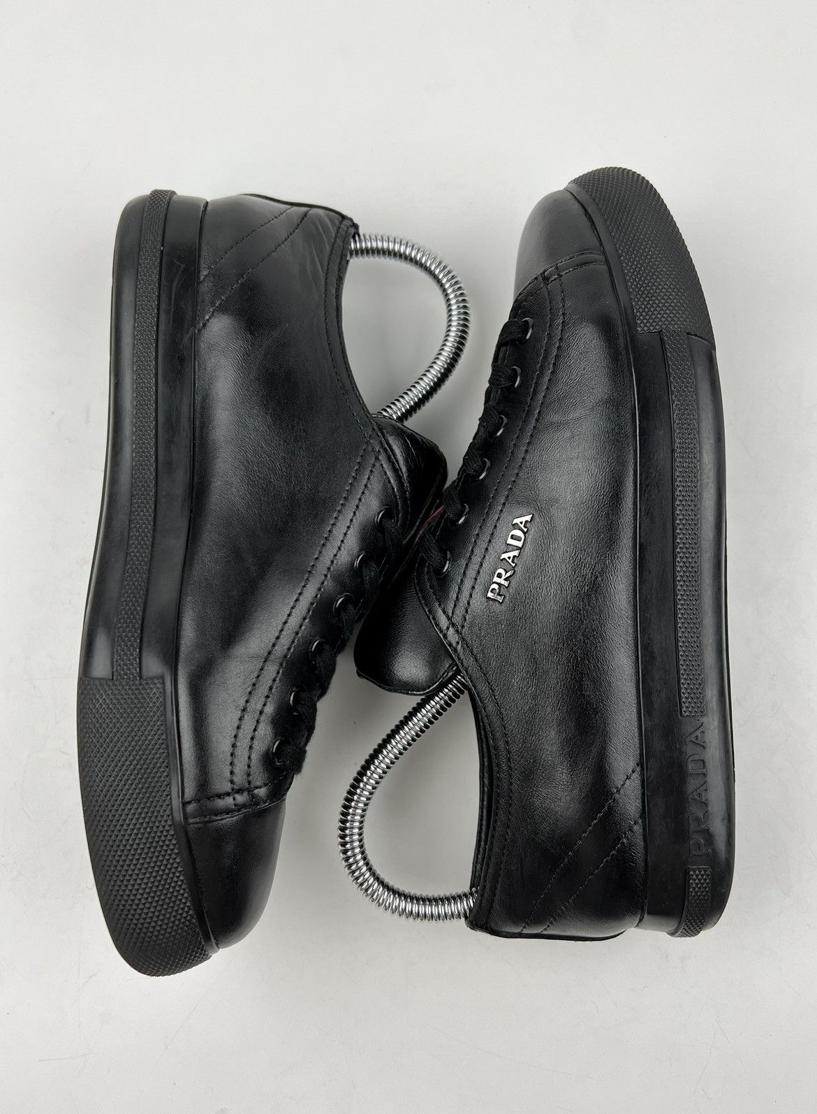 Prada PRADA Sneakers Low-Top Leather Shoes Red Tab Logo Black Wmns Size US 6.5 / IT 36.5 - 17 Thumbnail