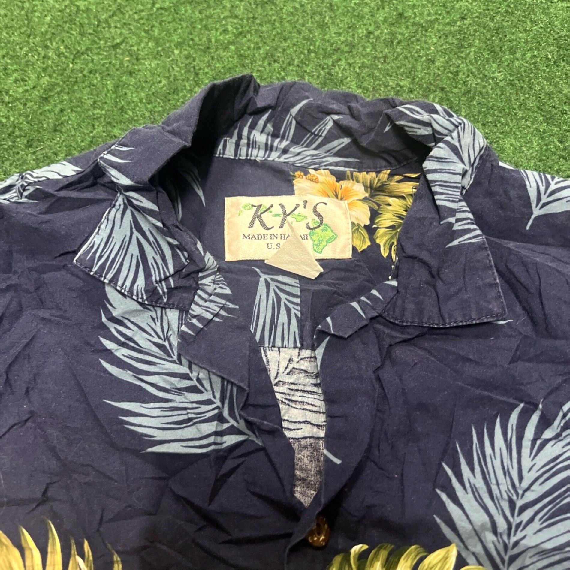 Vintage VTG KYs Hawaiian Shirt Mens Large Blue Hibiscus Palm Tree Print Camp Collar USA Size US L / EU 52-54 / 3 - 6 Thumbnail