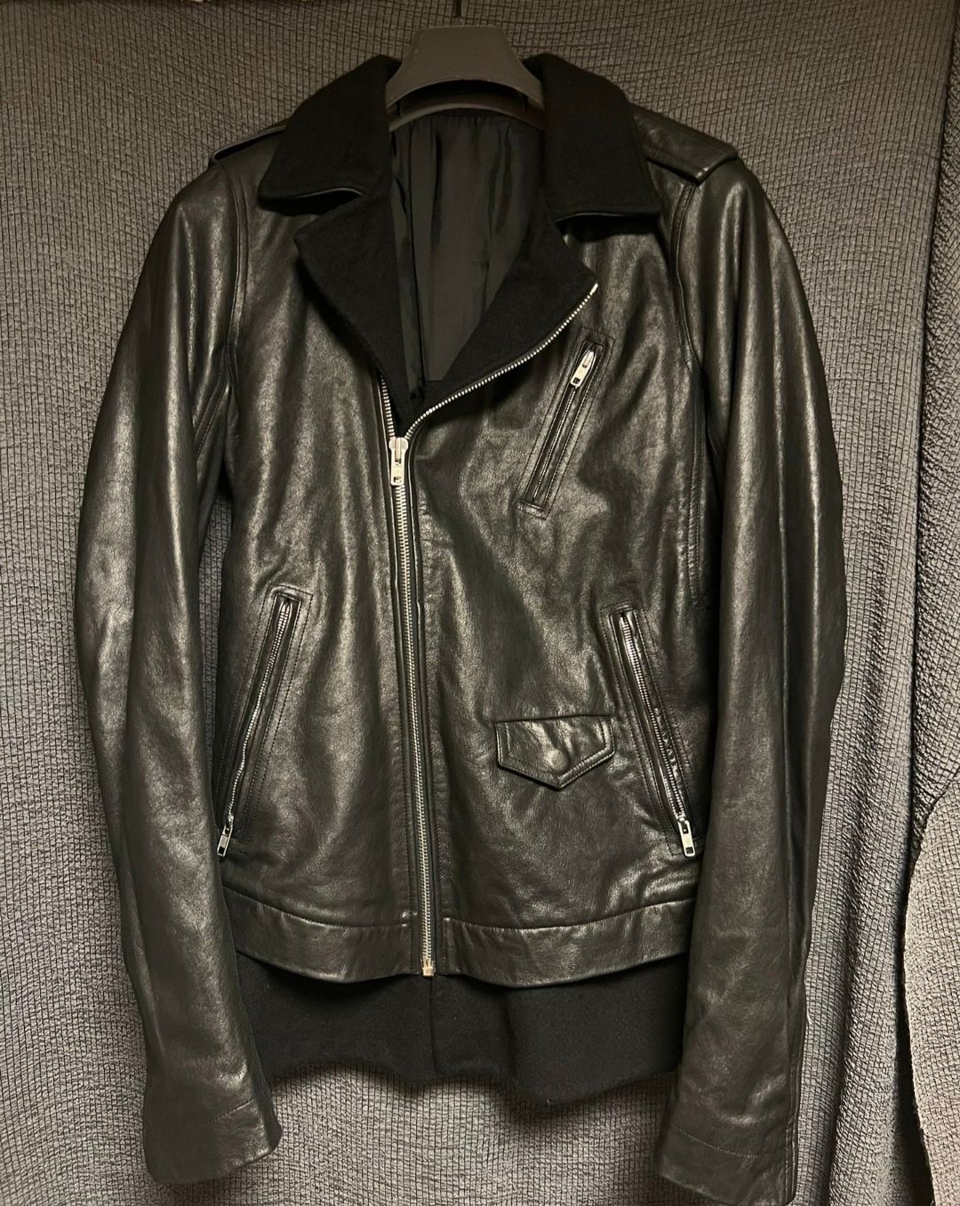 Rick Owens 14fw mainline fur integrated diagonal zipper leather jacket ...