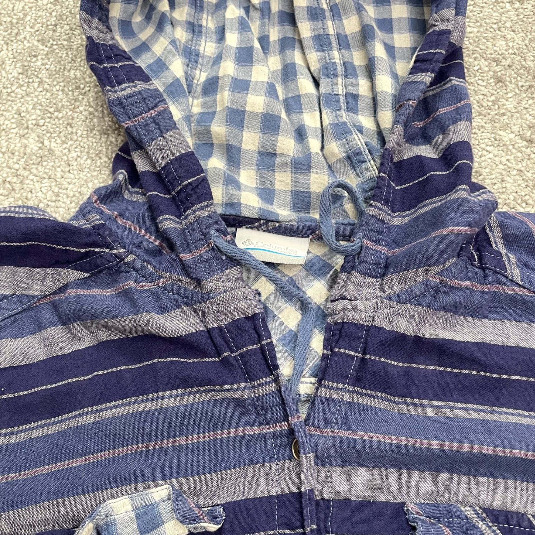 Vintage Columbia Hoodie Shirt Womens Medium Blue Striped Button-Down Cotton Shirt Hooded Casual Exterior Button Up Top Womens M Blue Size M / US 6-8 / IT 42-44 - 4 Thumbnail
