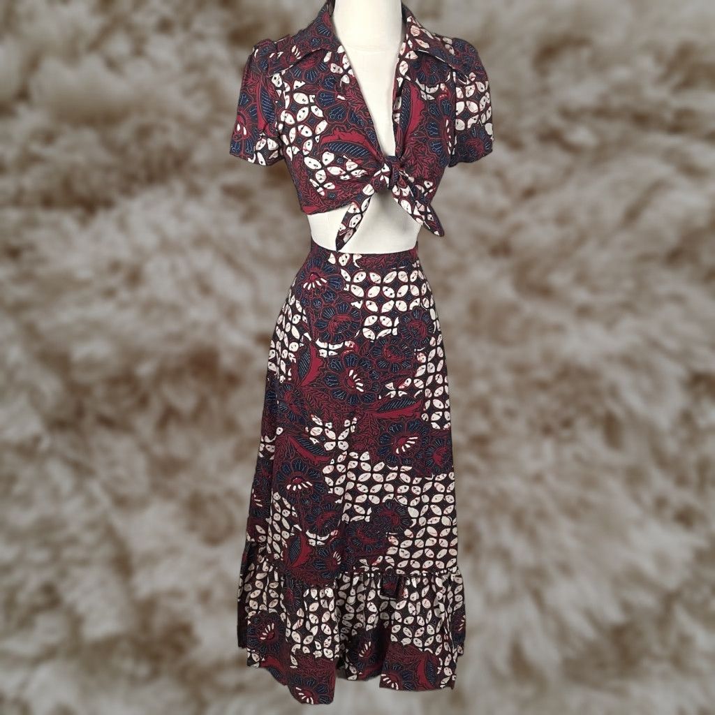 VINTAGE Hawaiian Set Maxi Skirt & Tie Halter Top 2 Piece XS Red Floral  Cotton Blend