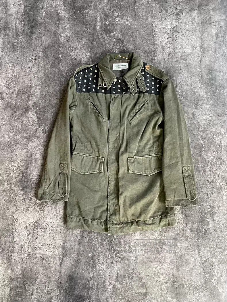 Saint Laurent Paris Saint Laurent Paris Olive Green Washed Studs Patched Leath Size XXS / US 00 / IT 34 - 1 Thumbnail