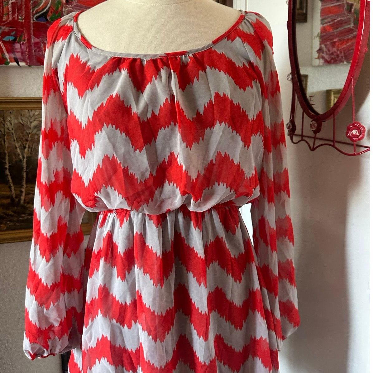 Other speechless red gray zigzag long sleeve mini dress Size S / US 4 / IT 40 - 2 Thumbnail