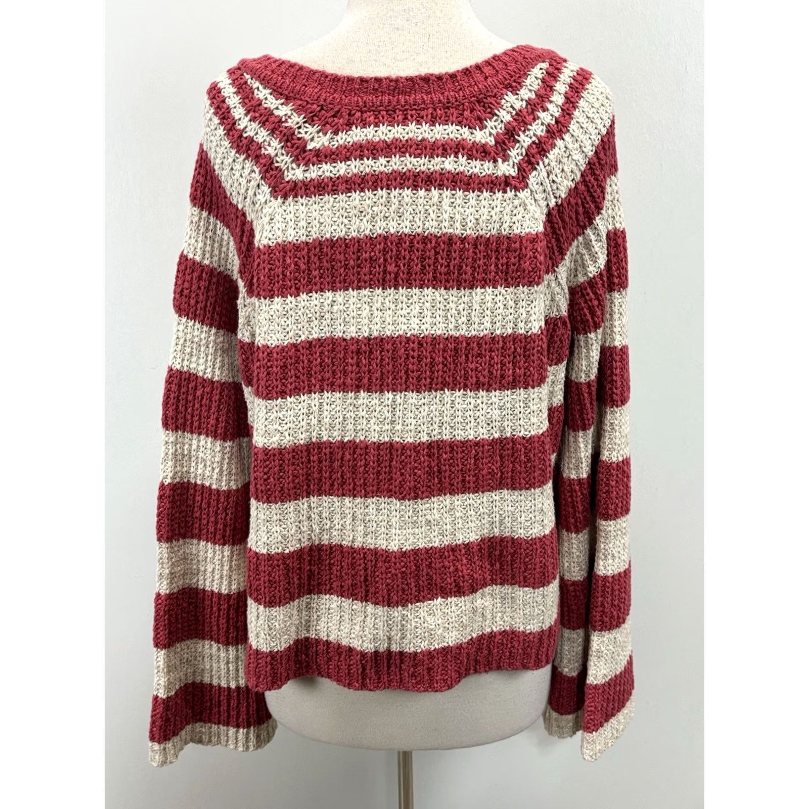 Vintage Pilcro Anthropologie Bell Sleeve Henley Sweater Women’s XL Striped Coastal Pink Cream Coastal Nautical Slouchy Crew Mens Women Girls Size XL / US 12-14 / IT 48-50 - 3 Thumbnail