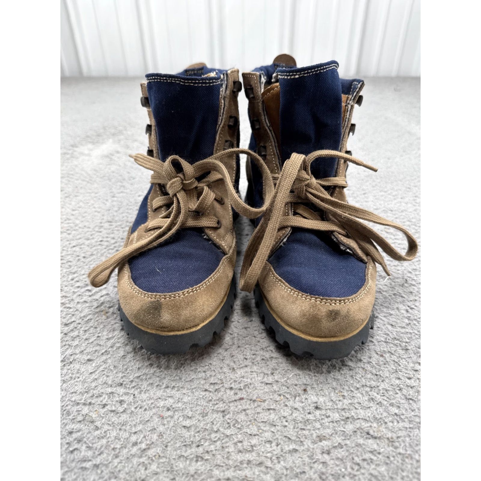 Vibram VINTAGE Gore-Tex Vibram Boots Mens 8.5 Blue Tan Canvas Leather Suede Rubber Outdoor Combat Hiking Leather Insole Leather Sole Lace Up Mens Boots Size US 9 / EU 42 - 5 Thumbnail