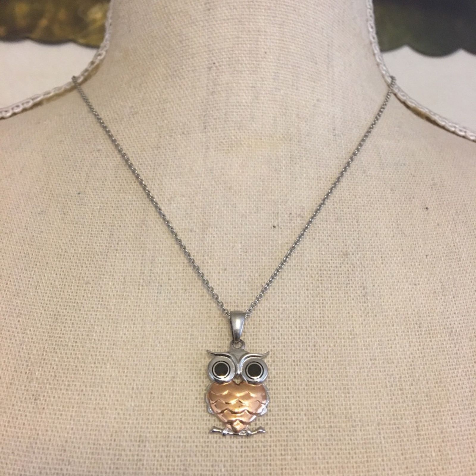 Jewelry Stainless steel and copper owl pendant on chain Size ONE SIZE - 1 Thumbnail