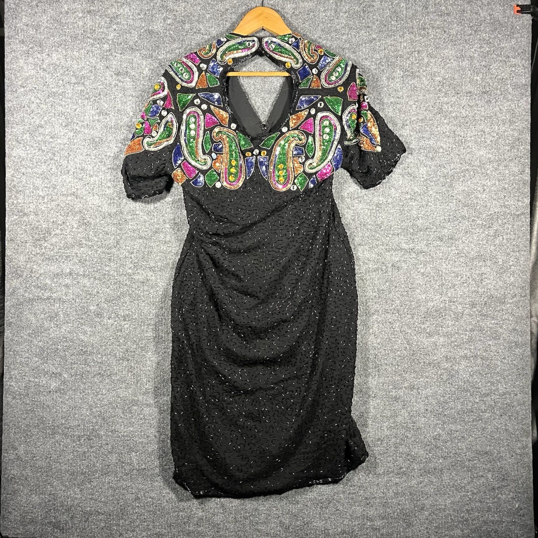 Altea VINTAGE 1980s Stenay Cocktail Dress 100% Silk Beaded Sequin Teal Black Size 14 Women's Eveningwear Size XL / US 12-14 / IT 48-50 - 3 Thumbnail