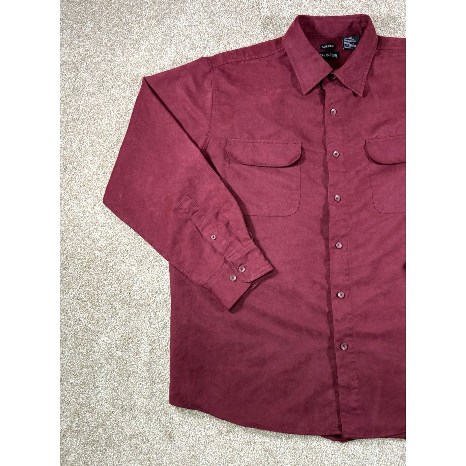 George George Sueded Button Up Long Sleeve Shirt Red Mens Size L Regular Collar Button-Front Polyester Microfiber Shirt Size US L / EU 52-54 / 3 - 2 Thumbnail