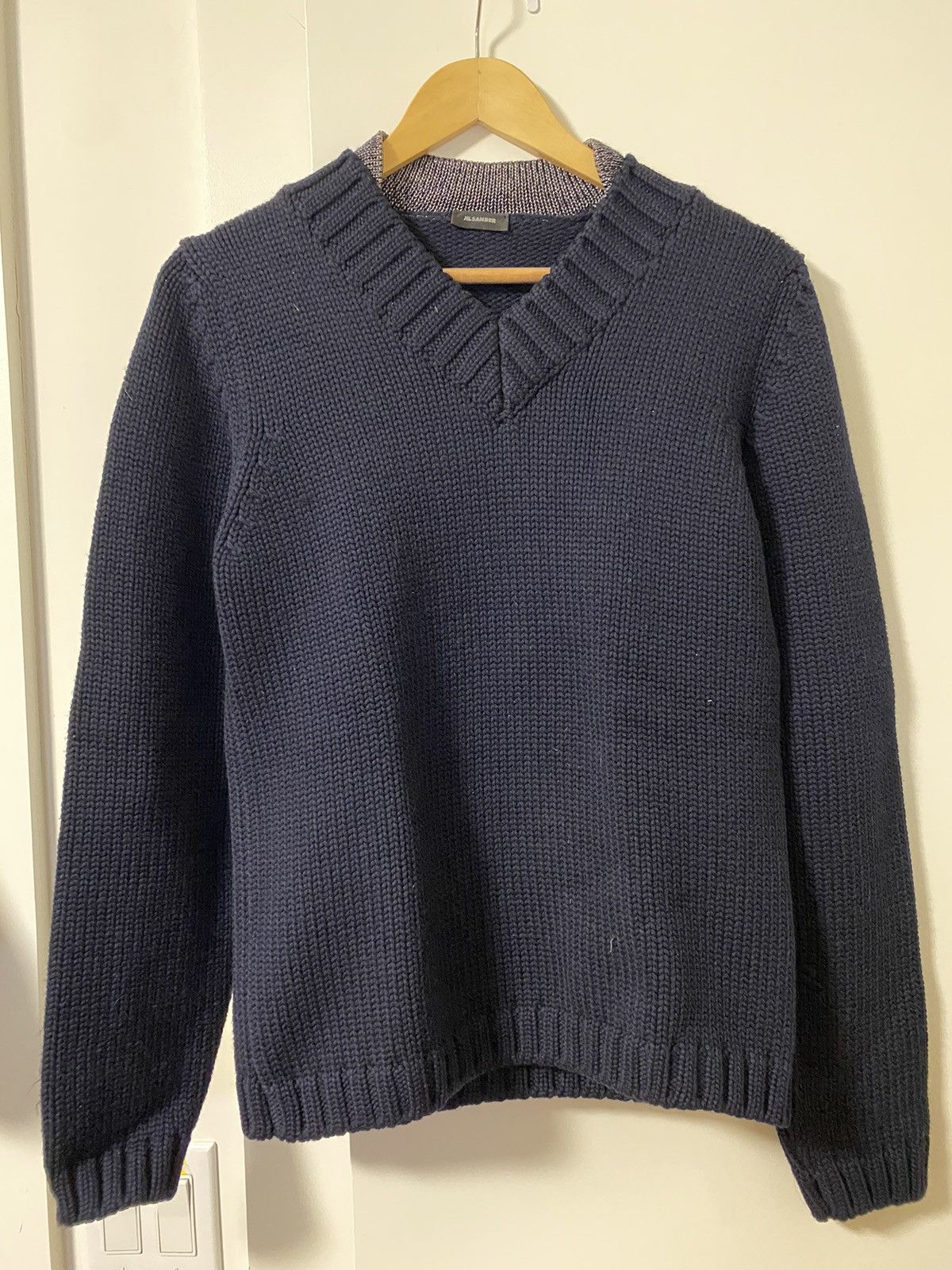 image of Jil Sander x Raf Simons Fw08 V-Neck Sweater With Metallic Knit Collar in Navy, Men's (Size XS)