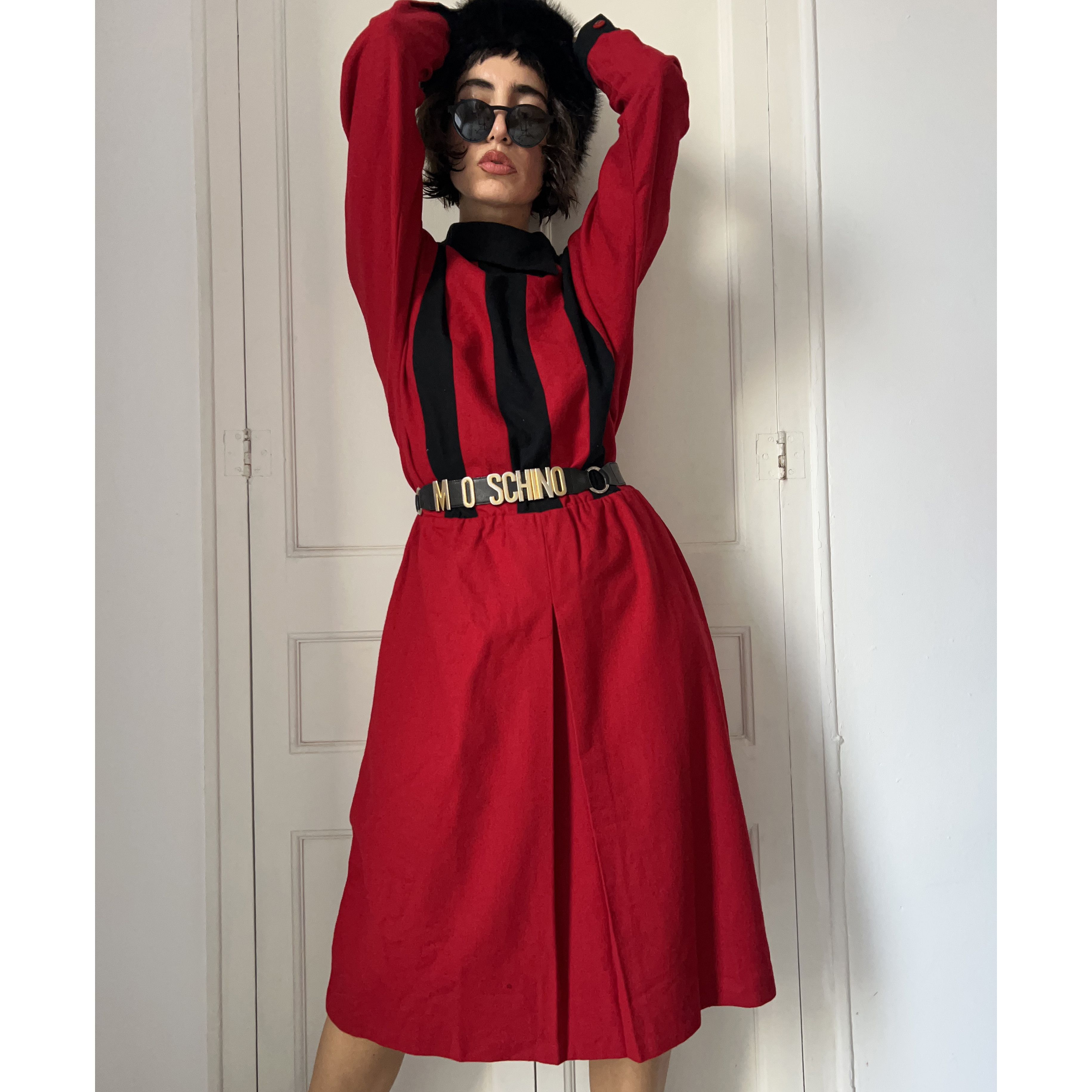 Vintage Vintage 80s Red Black Striped Wool Dress Size L / US 10 / IT 46 - 4 Thumbnail
