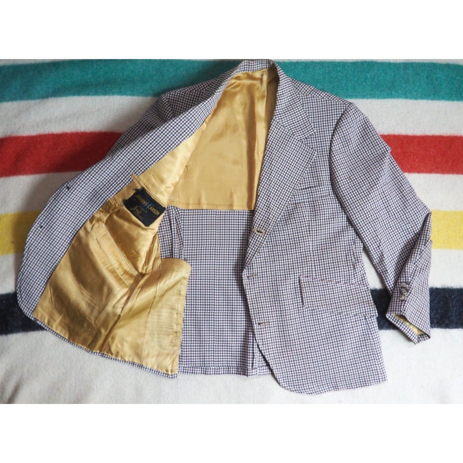 Vintage VINTAGE Johnny Carson Blazer Jacket Gingham 3 Button Brown White 60s 70s Polyester 42 Mens Size 42R - 2 Thumbnail