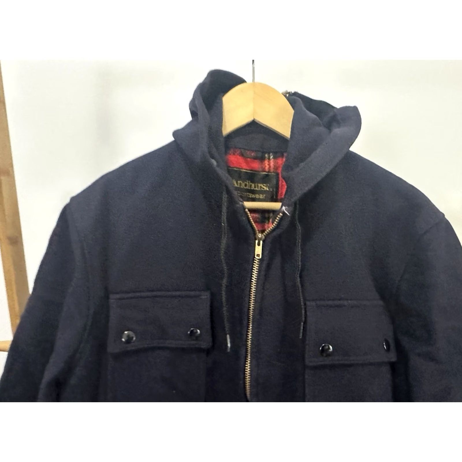 Vintage VTG Andhurst Plaid Lined Hooded Wool Split Zip Mackinaw Jacket 44 Navy Blue Mens Wool Jacket Size US S / EU 44-46 / 1 - 4 Thumbnail