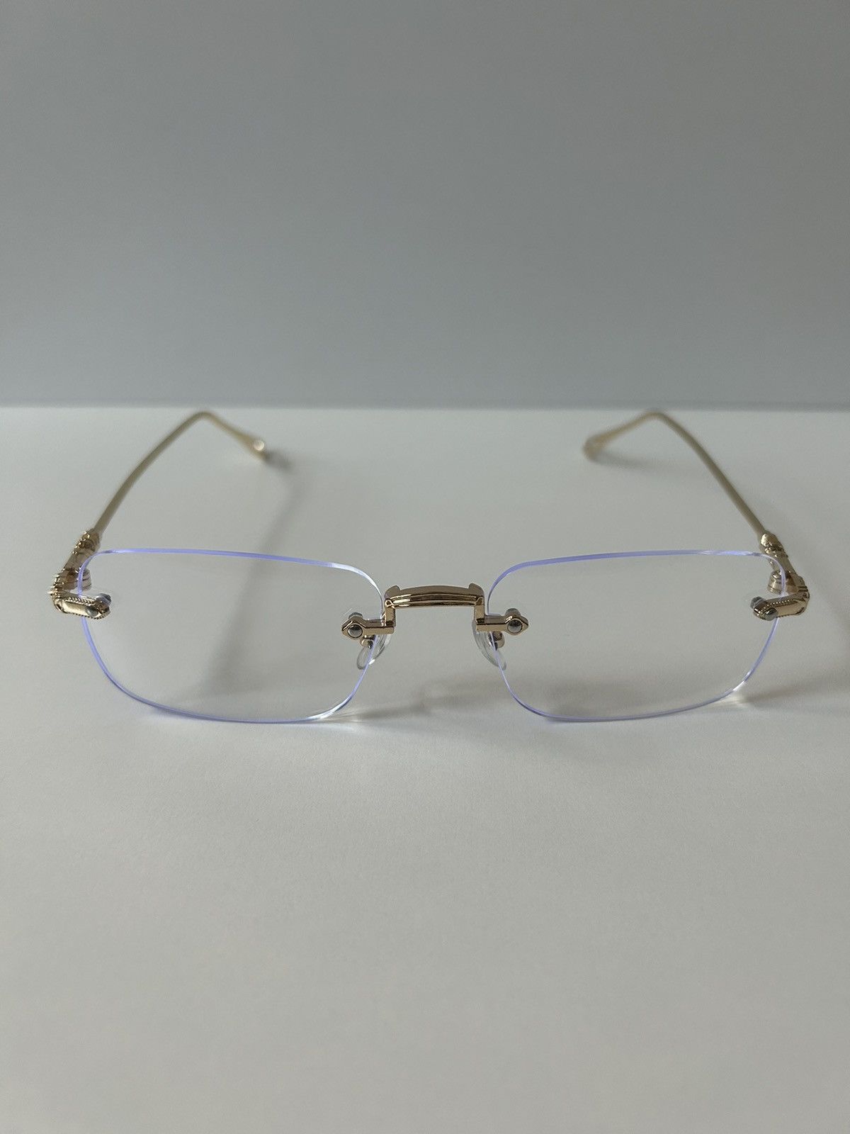 Japanese Brand × Vintage 90s Y2K retro style gold cross rimless blue tint lux glasses Size ONE SIZE - 9 Thumbnail